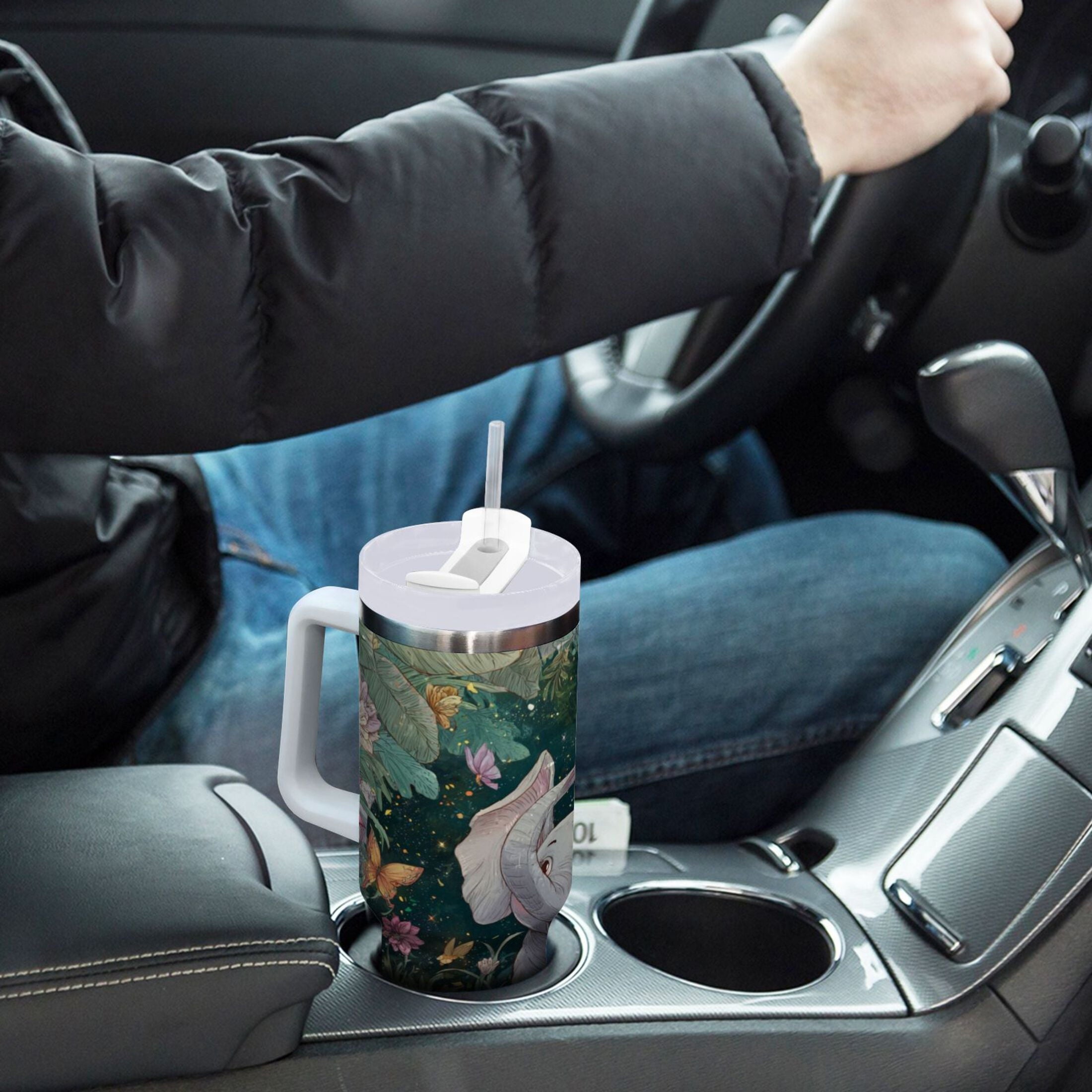 40 oz Insulated Stainless Steel Tumbler Double Wall Stainless Steel Tumbler with 2-Way Drinking Cute Elephant M460Z