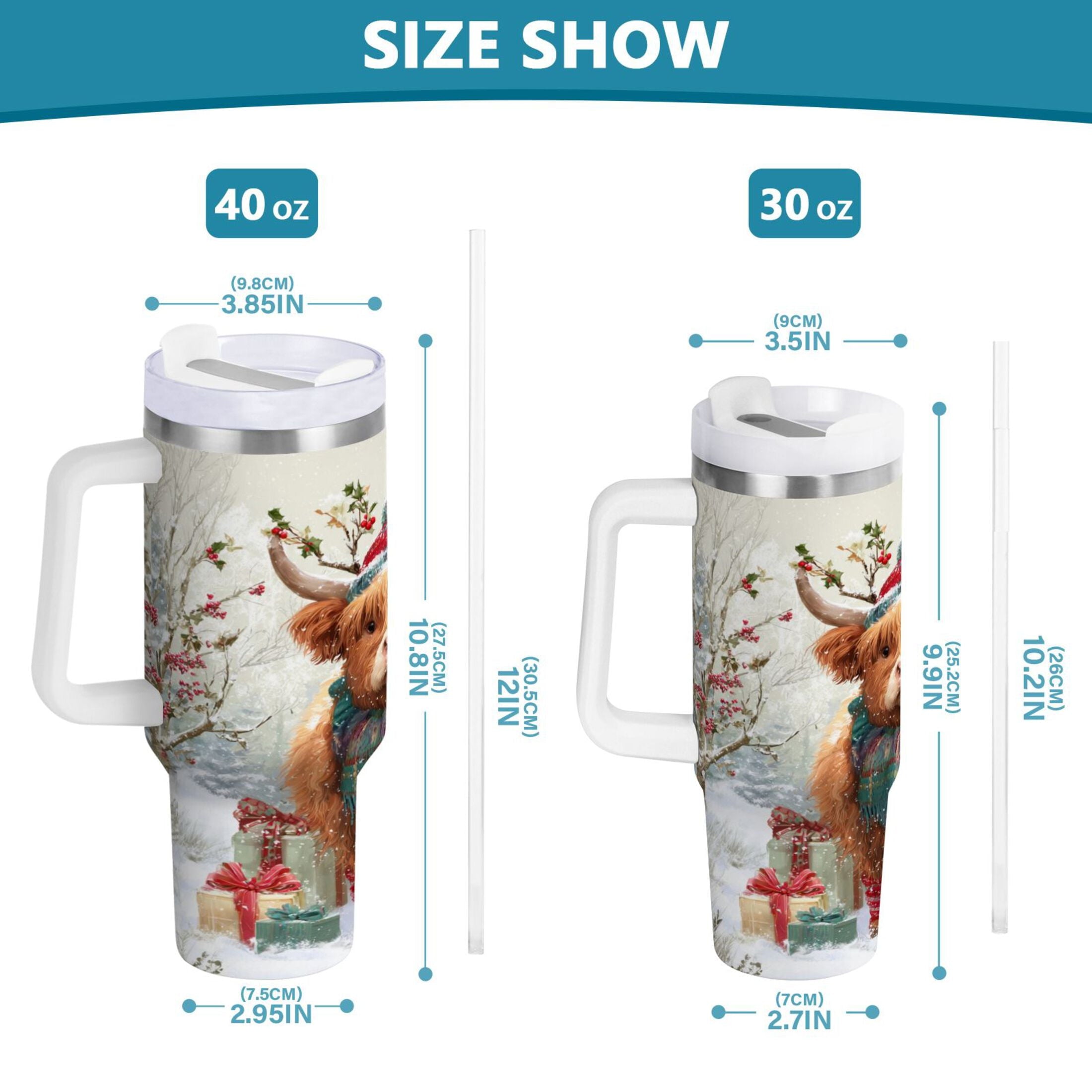 30 oz Insulated Stainless Steel Tumbler Double Wall Stainless Steel Tumbler with 2-Way Drinking Cow Wearing Christmas Hat M681C