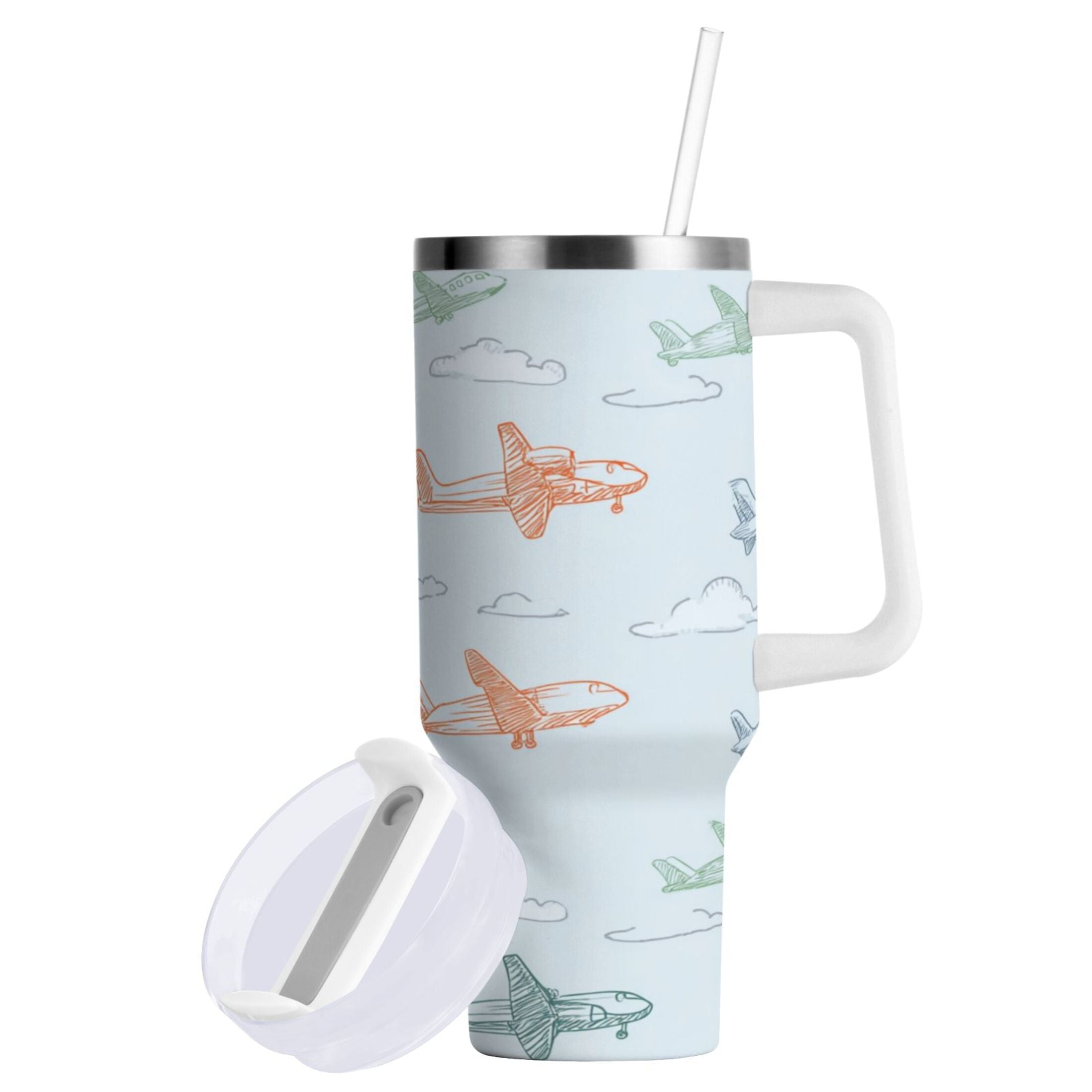 30 oz Insulated Stainless Steel Tumbler Double Wall Stainless Steel Tumbler with 2-Way Drinking Pastel Doodle Airplanes M593S