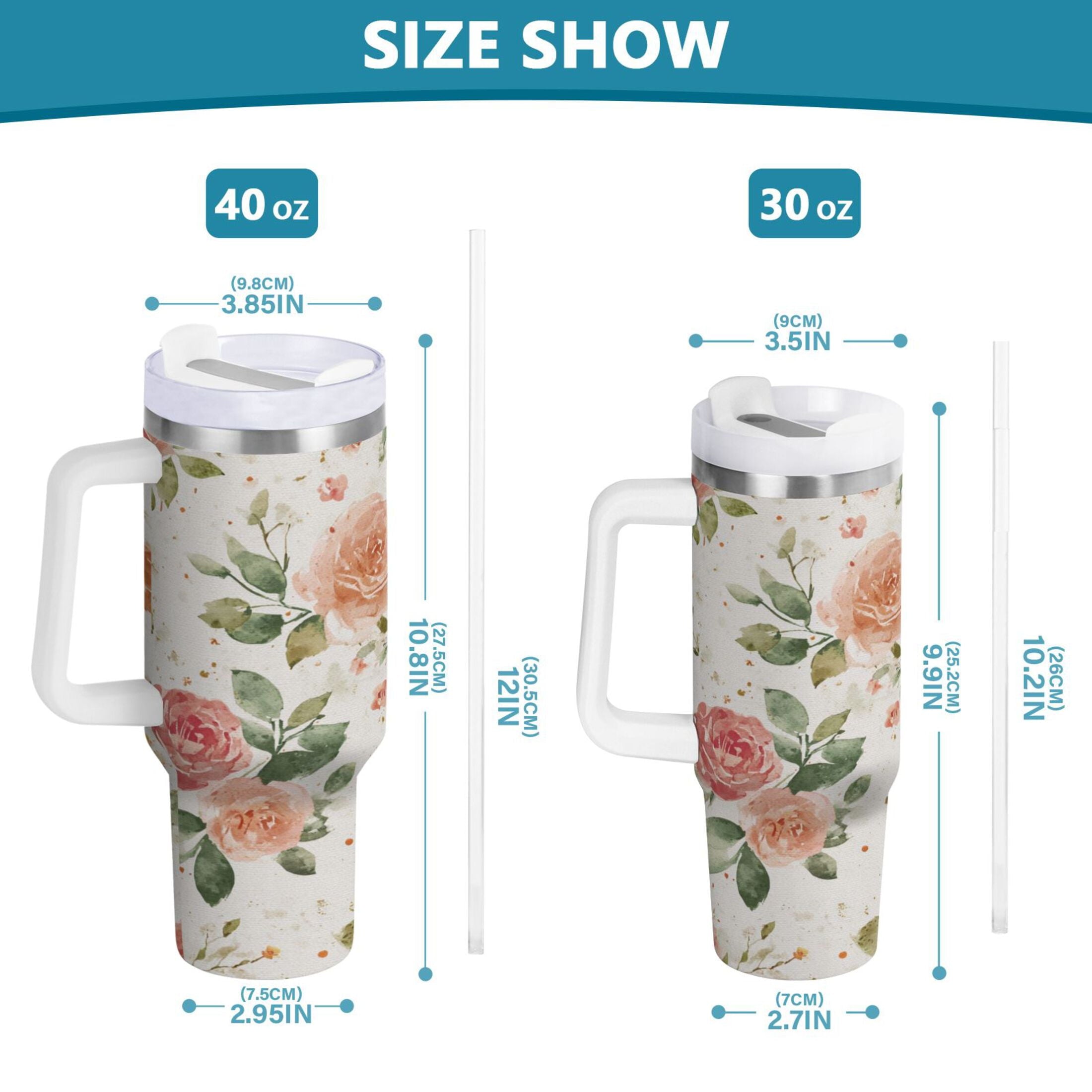 40 oz Insulated Stainless Steel Tumbler Double Wall Stainless Steel Tumbler with 2-Way Drinking Watercolor Rose Floral Pattern M499R