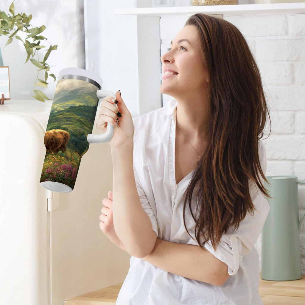 30 oz Insulated Stainless Steel Tumbler Double Wall Stainless Steel Tumbler with 2-Way Drinking Cow in Green Rolling Hills M586Q