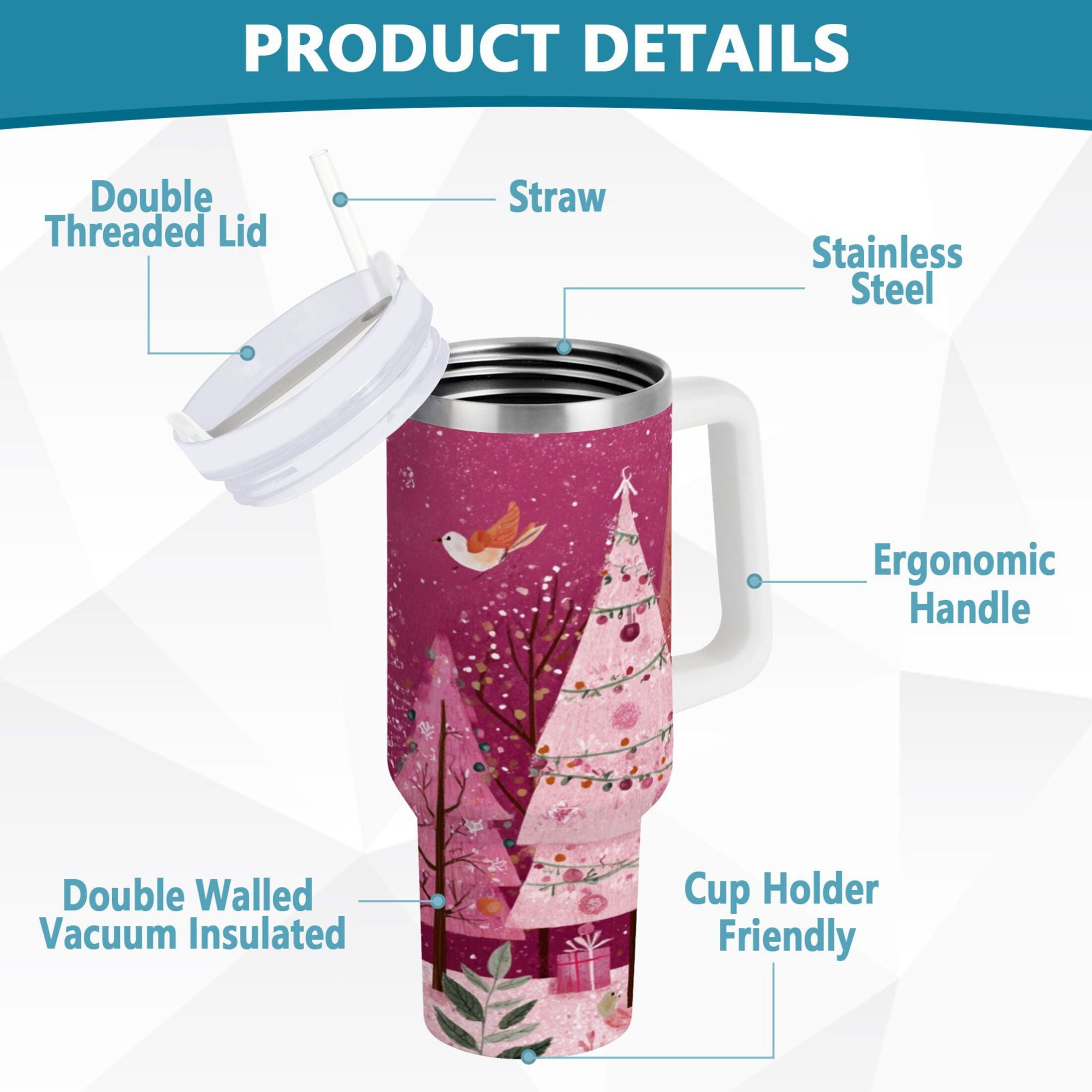 40 oz Insulated Stainless Steel Tumbler Double Wall Stainless Steel Tumbler with 2-Way Drinking Pink Christmas Forest M512P