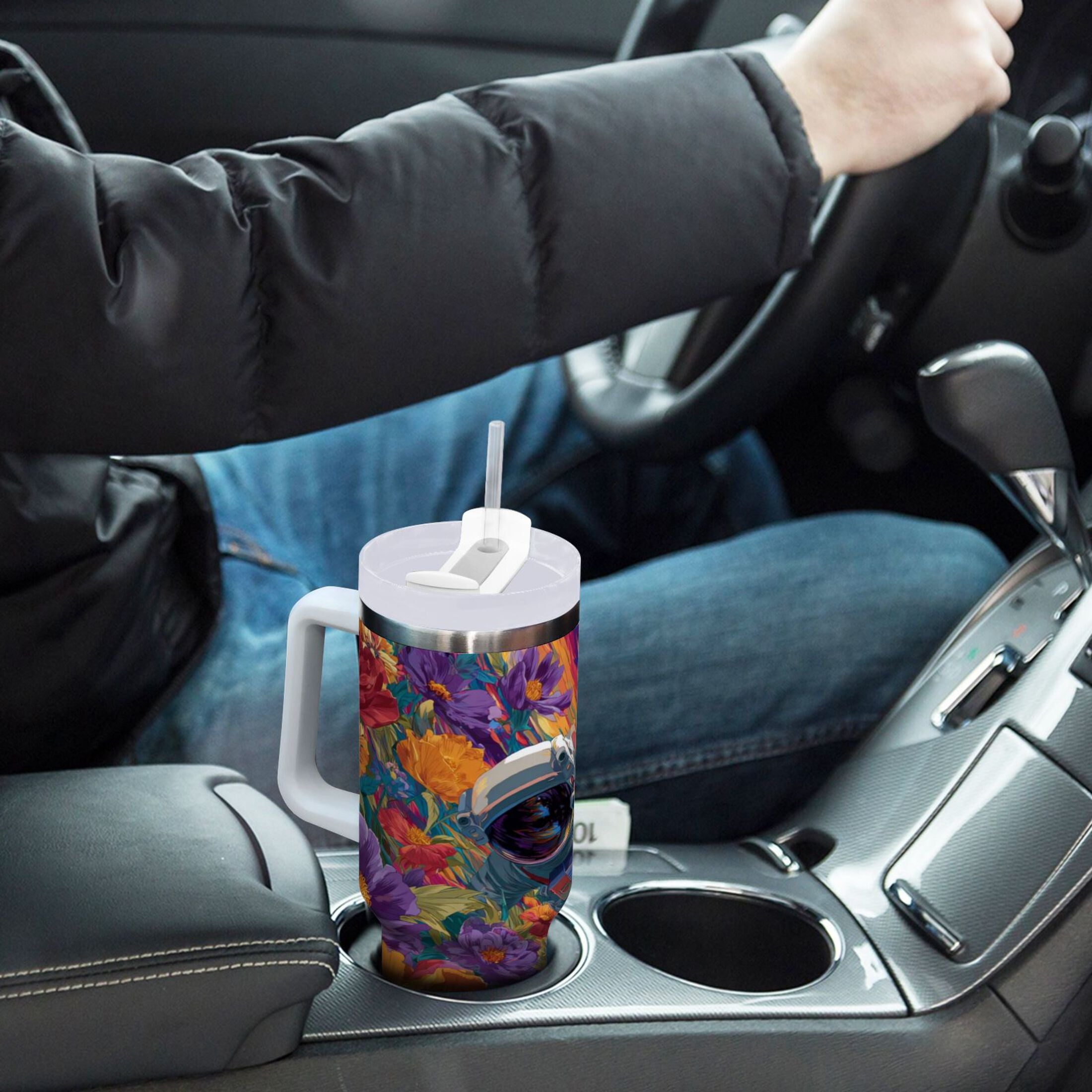 40 oz Insulated Stainless Steel Tumbler Double Wall Stainless Steel Tumbler with 2-Way Drinking Colorful Flowers and Planets M598M