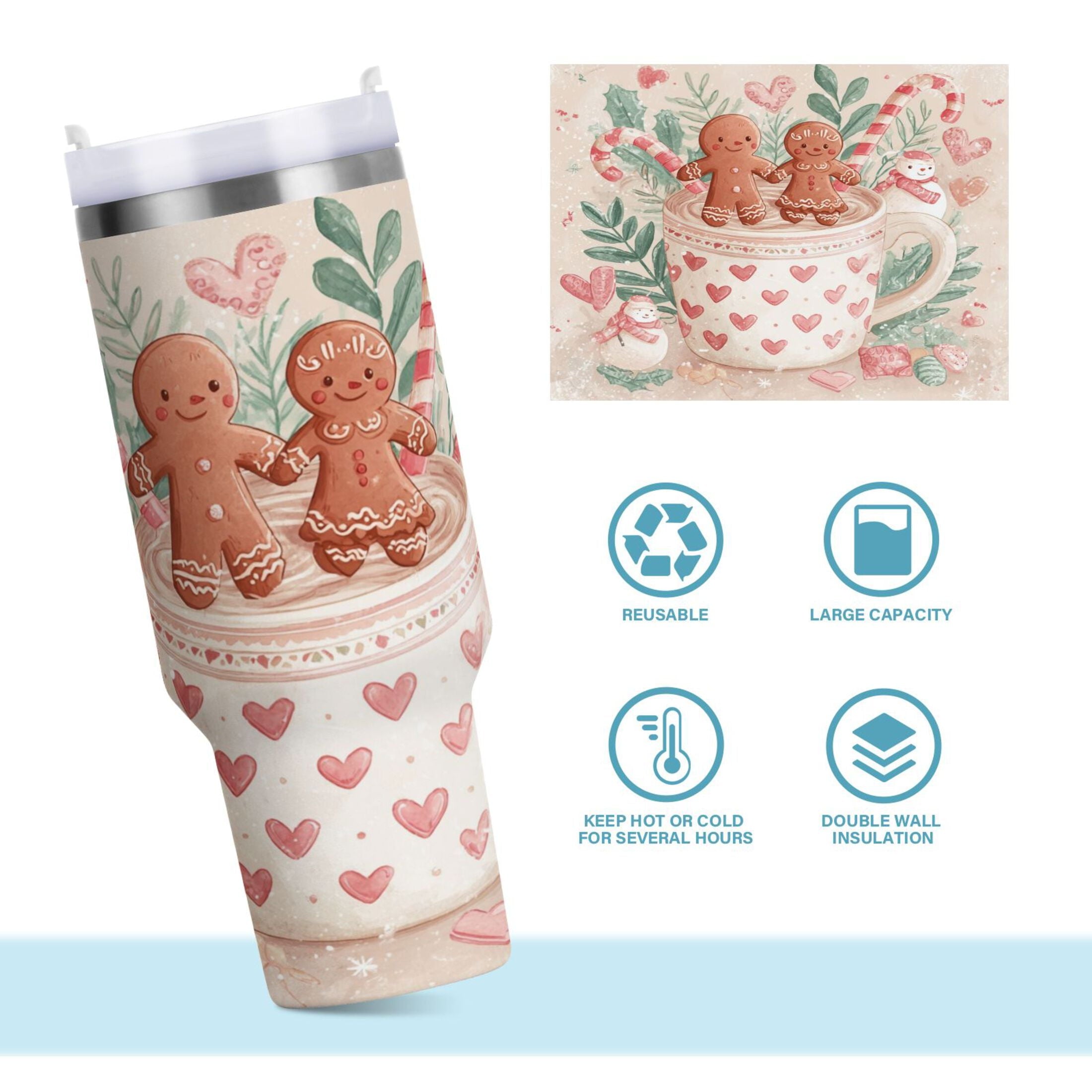 30 oz Insulated Stainless Steel Tumbler Double Wall Stainless Steel Tumbler with 2-Way Drinking Cute Christmas Design M600R