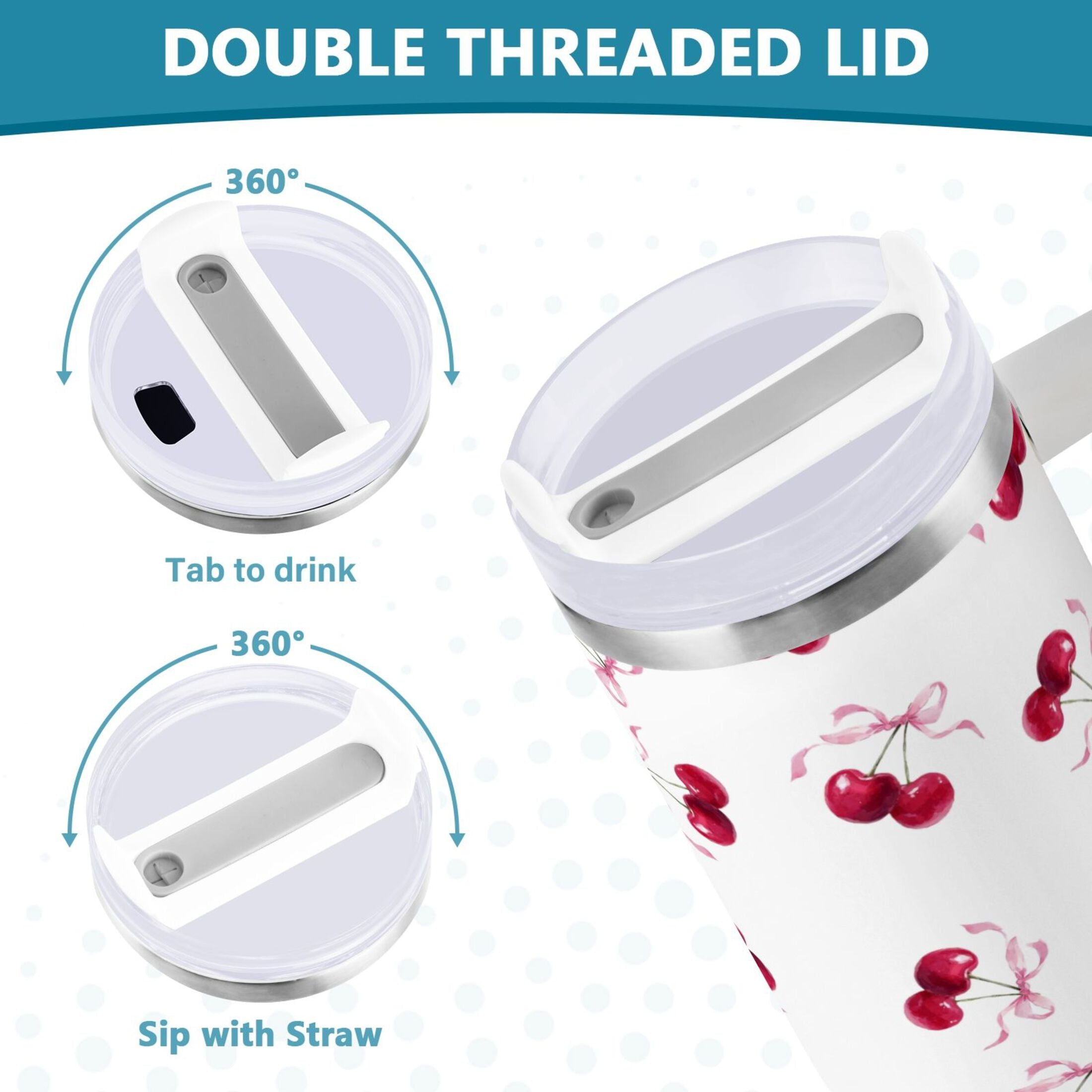 30 oz Insulated Stainless Steel Tumbler Double Wall Stainless Steel Tumbler with 2-Way Drinking Watercolor Cherries Pattern M604Z