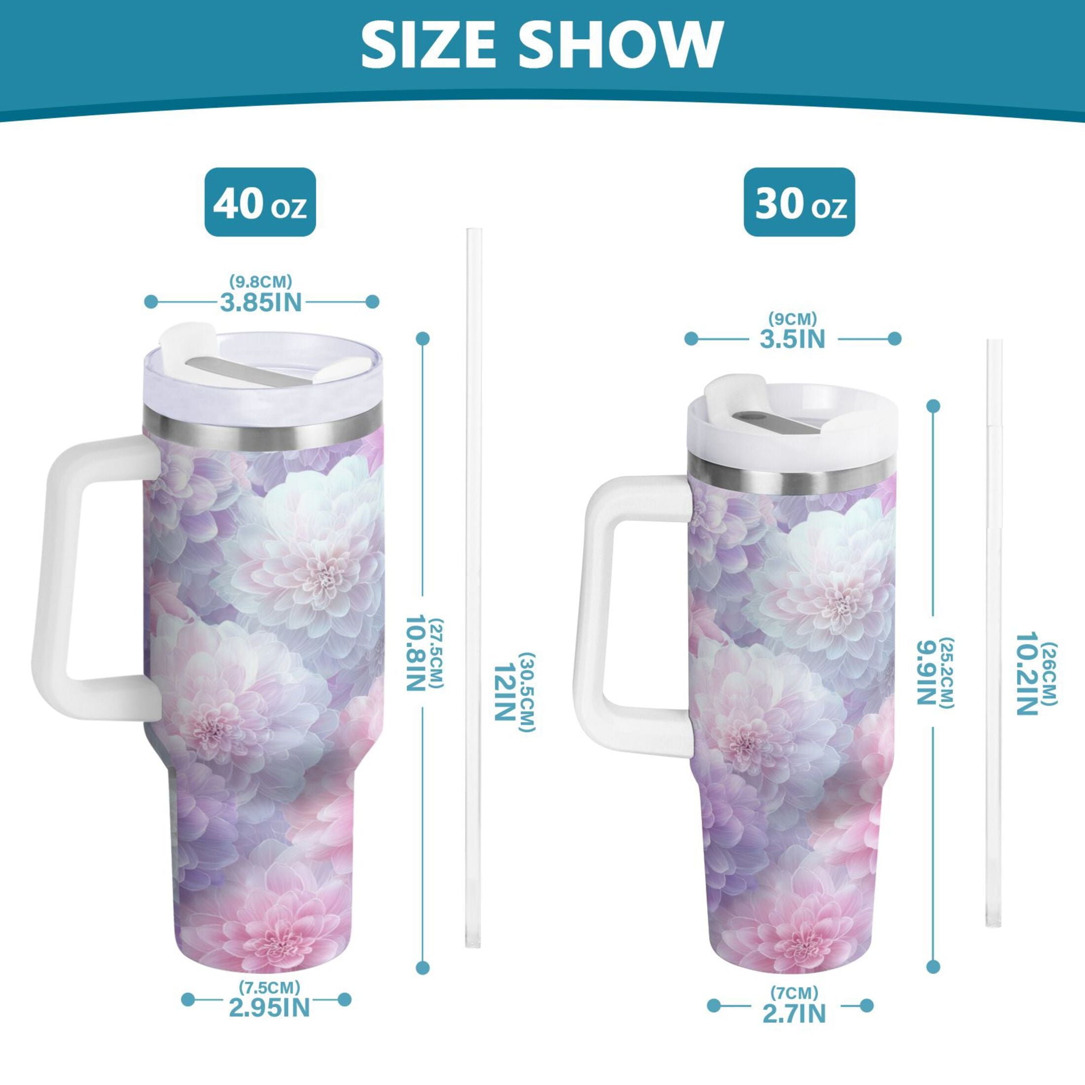 30 oz Insulated Stainless Steel Tumbler Double Wall Stainless Steel Tumbler with 2-Way Drinking Cute Pastel Watercolor Floral M578H