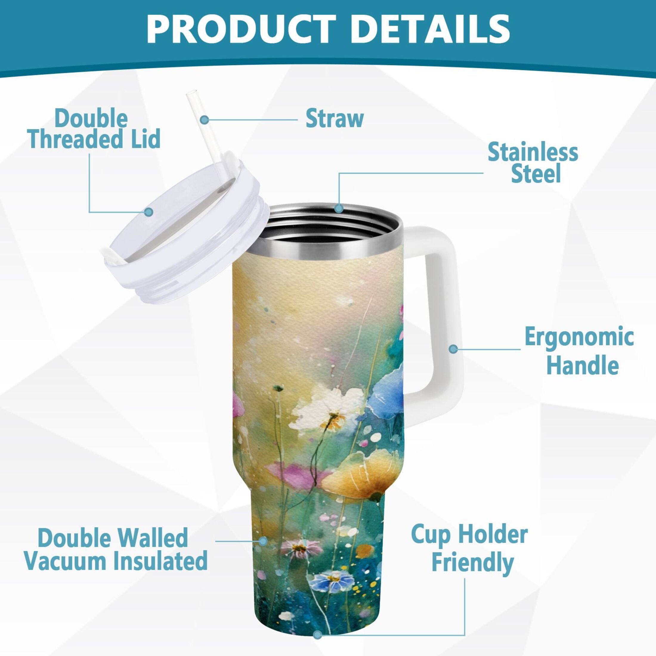 30 oz Insulated Stainless Steel Tumbler Double Wall Stainless Steel Tumbler with 2-Way Drinking Watercolor Wildflowers M563G