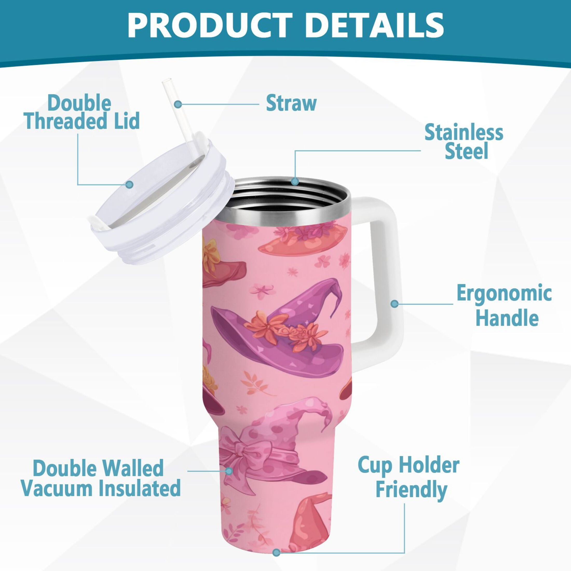30 oz Insulated Stainless Steel Tumbler Double Wall Stainless Steel Tumbler with 2-Way Drinking Colorful Hat Pattern M543H