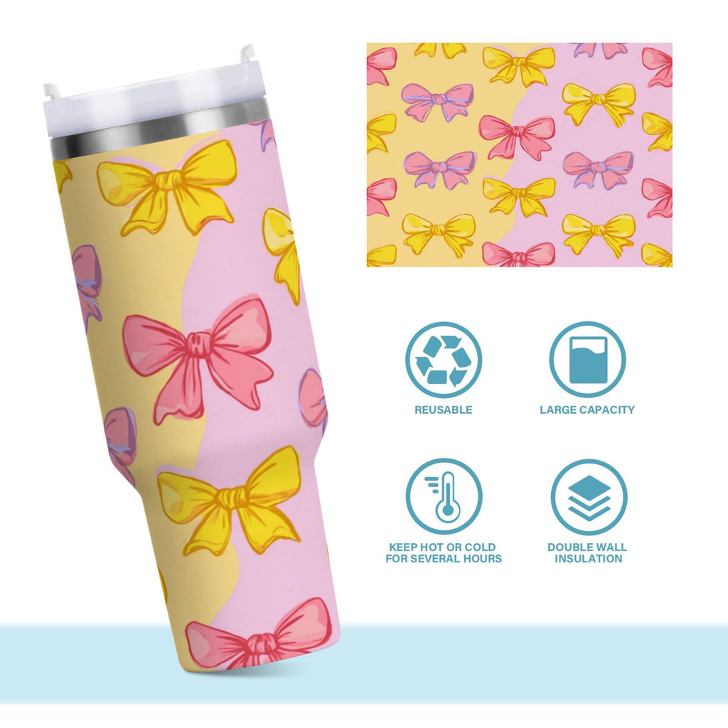 30 oz Insulated Stainless Steel Tumbler Double Wall Stainless Steel Tumbler with 2-Way Drinking Yellow and Pink Bows M566X