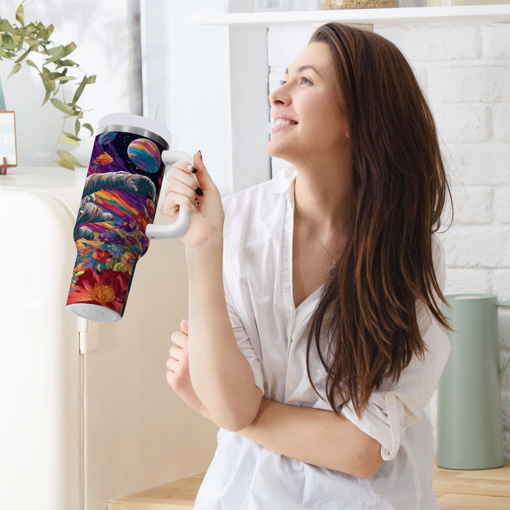 40 oz Insulated Stainless Steel Tumbler Double Wall Stainless Steel Tumbler with 2-Way Drinking Colorful Flowers and Planets M598M