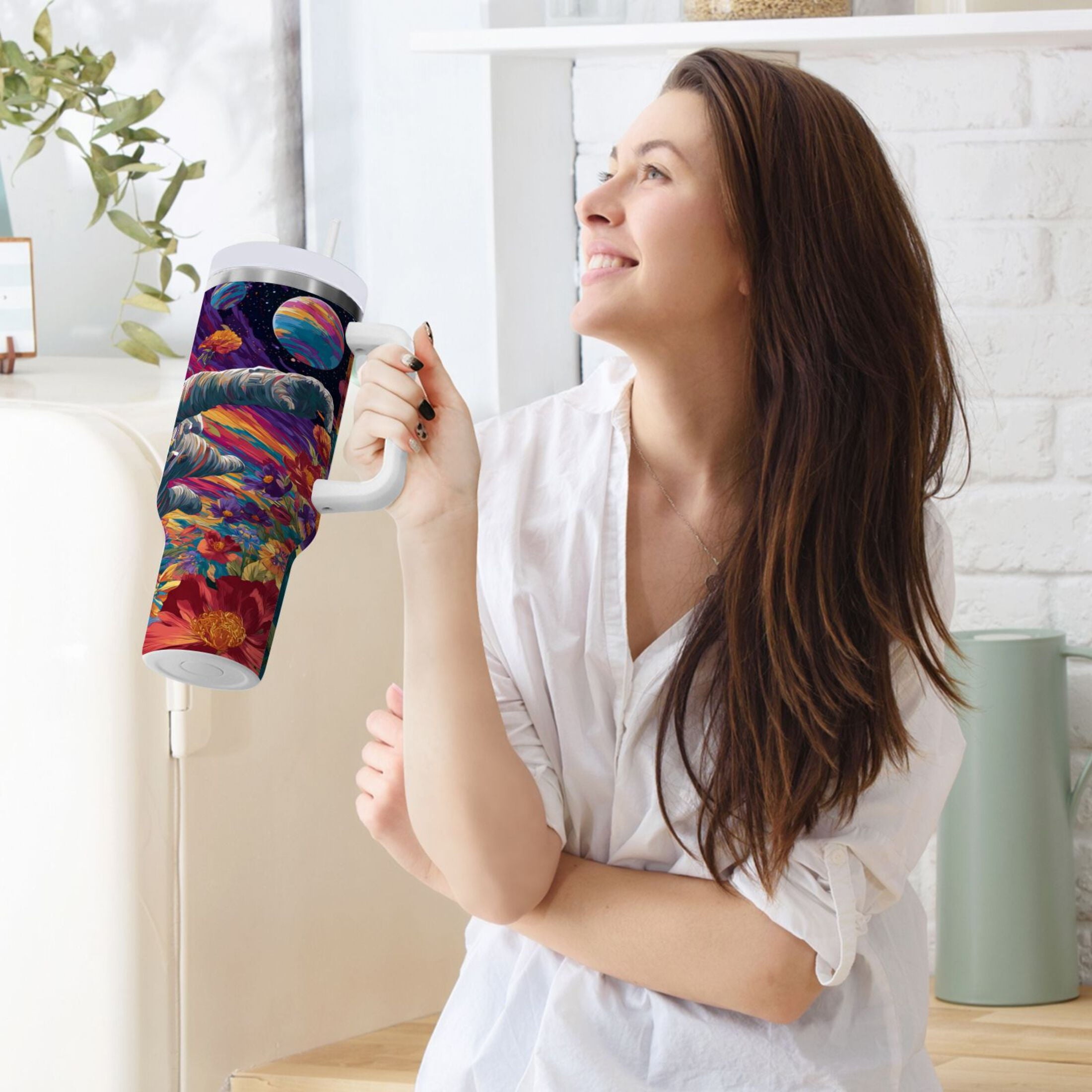 40 oz Insulated Stainless Steel Tumbler Double Wall Stainless Steel Tumbler with 2-Way Drinking Colorful Flowers and Planets M598M