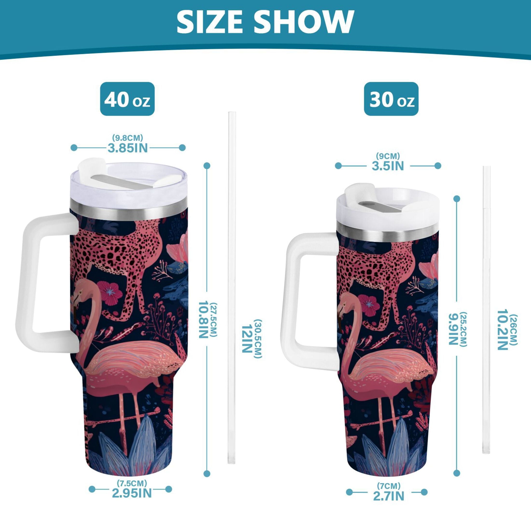 30 oz Insulated Stainless Steel Tumbler Double Wall Stainless Steel Tumbler with 2-Way Drinking Flamingos and Leopard Print M568A
