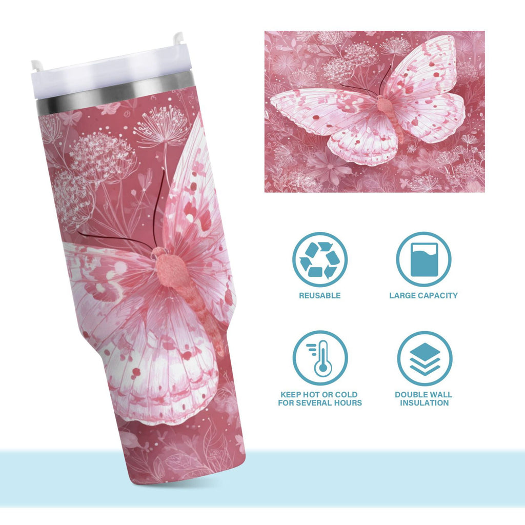 30 oz Insulated Stainless Steel Tumbler Double Wall Stainless Steel Tumbler with 2-Way Drinking Soft Pink Butterfly M561T