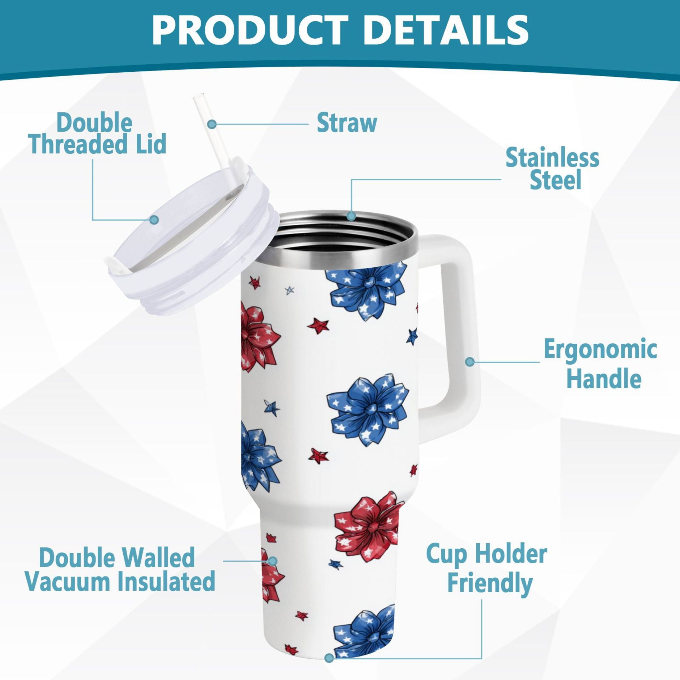 40 oz Insulated Stainless Steel Tumbler Double Wall Stainless Steel Tumbler with 2-Way Drinking Stars and Stripes Puttern Flower M521R