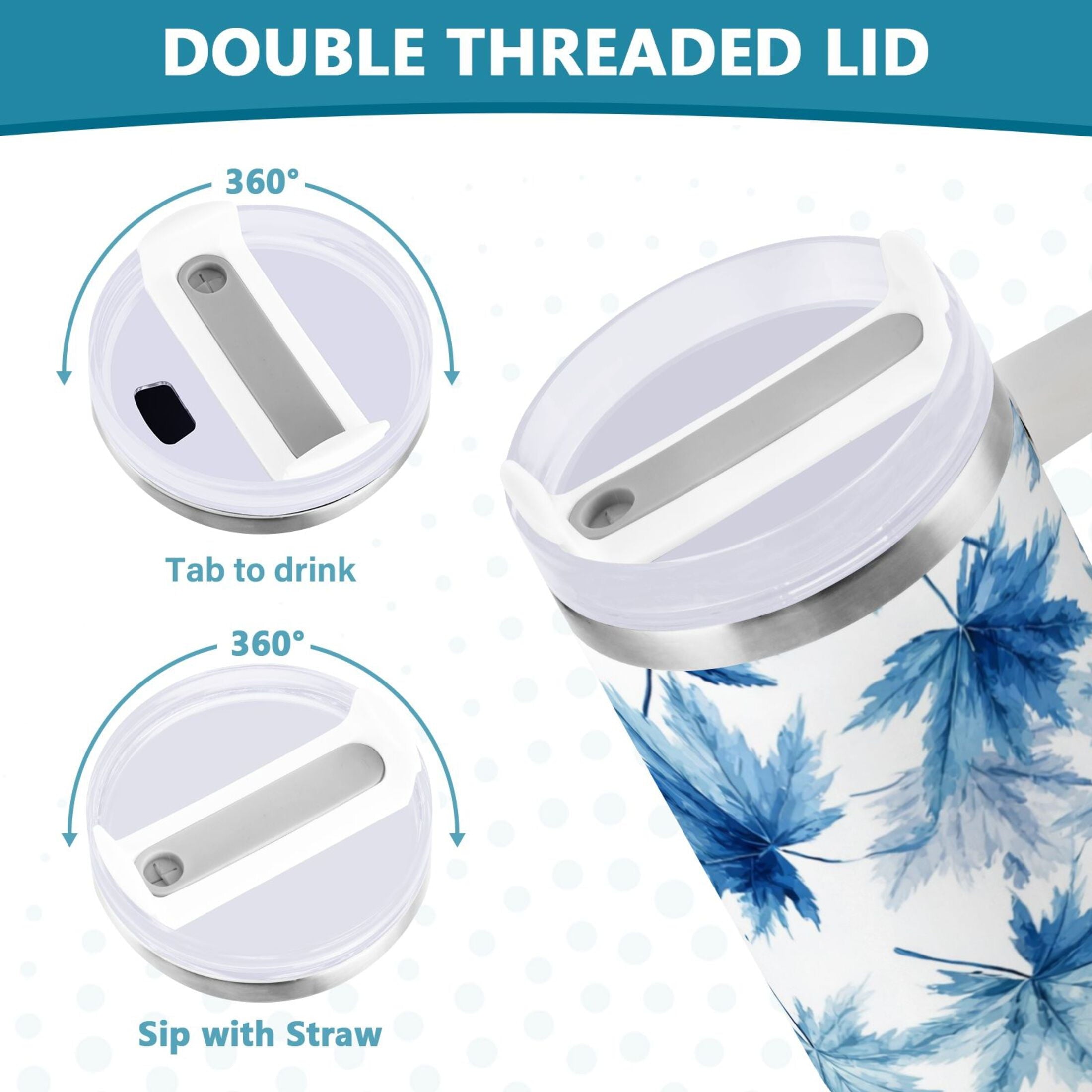 30 oz Insulated Stainless Steel Tumbler Double Wall Stainless Steel Tumbler with 2-Way Drinking Abstract Blue Maple Leaves M581Z