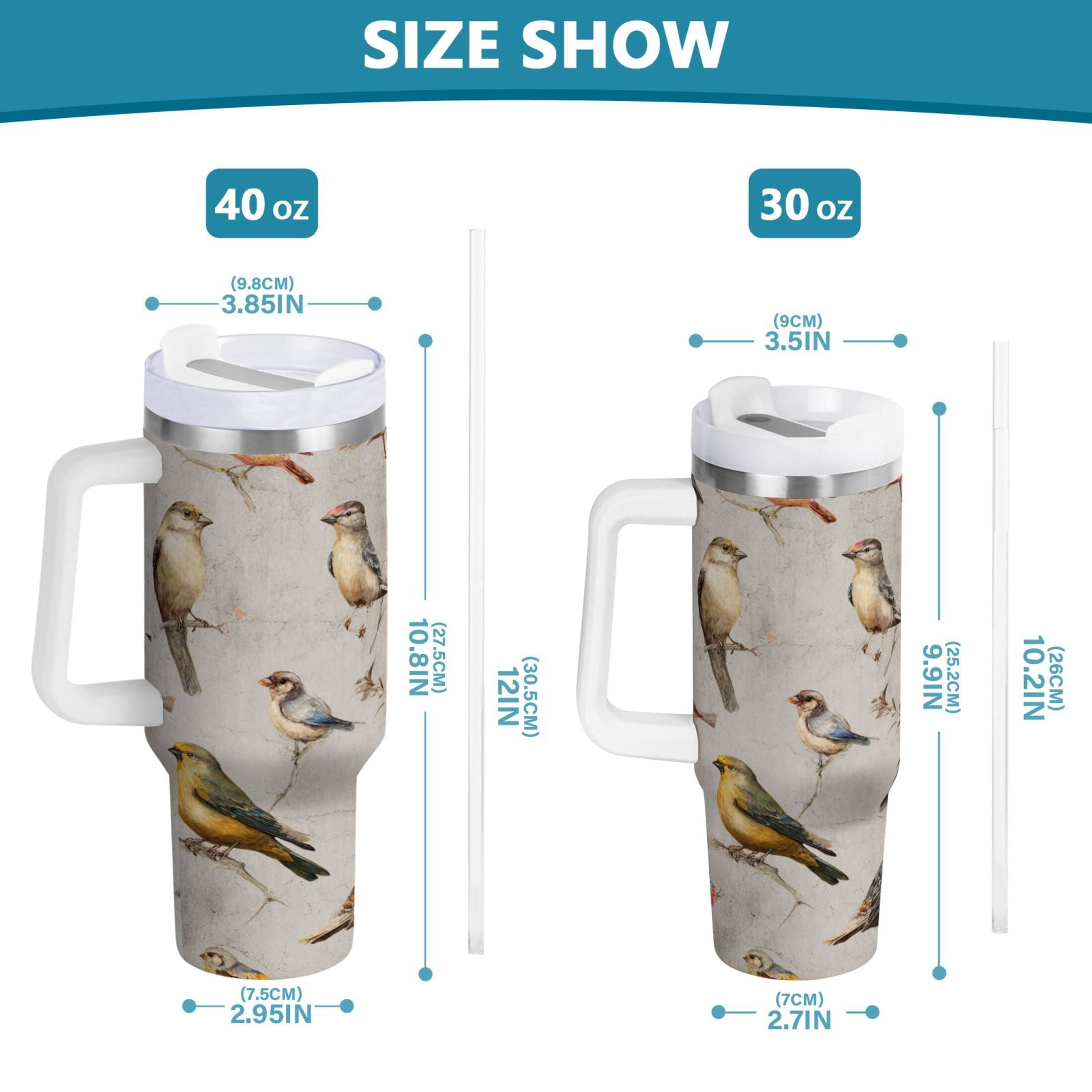 40 oz Insulated Stainless Steel Tumbler Double Wall Stainless Steel Tumbler with 2-Way Drinking Birds Pattern M612F