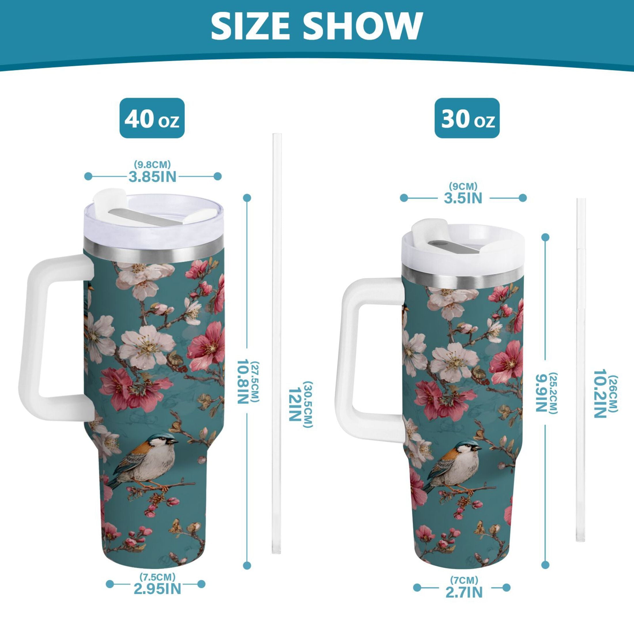 30 oz Insulated Stainless Steel Tumbler Double Wall Stainless Steel Tumbler with 2-Way Drinking Birds and Cherry Pattern M537X