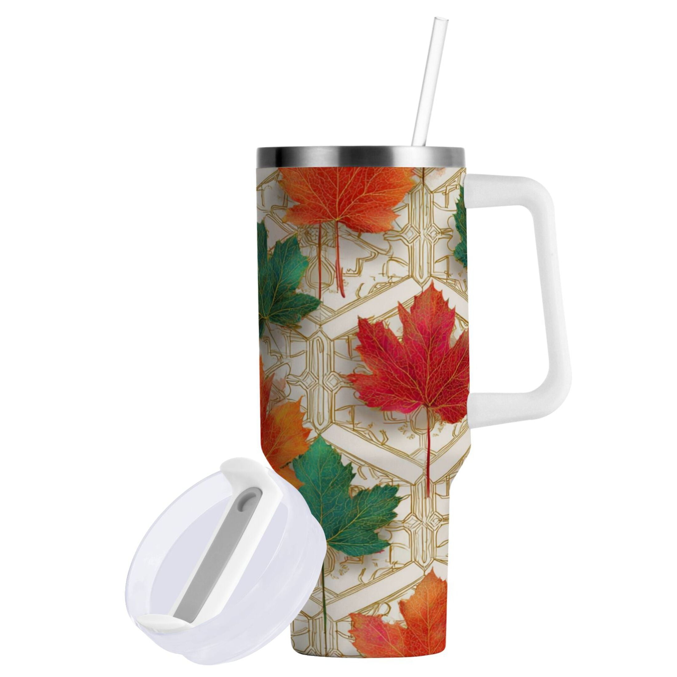 30 oz Insulated Stainless Steel Tumbler Double Wall Stainless Steel Tumbler with 2-Way Drinking Green and Red Maple Leaves M565Y