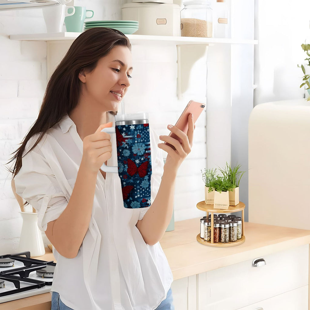 30 oz Insulated Stainless Steel Tumbler Double Wall Stainless Steel Tumbler with 2-Way Drinking Red Butterflies and Flags M621C
