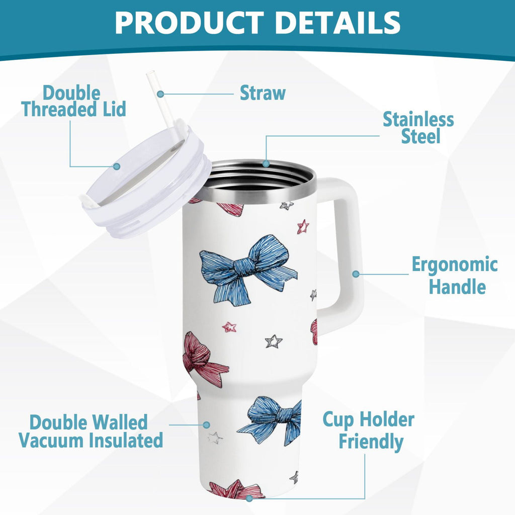 40 oz Insulated Stainless Steel Tumbler Double Wall Stainless Steel Tumbler with 2-Way Drinking Red and Blue Stripes Bows M510M