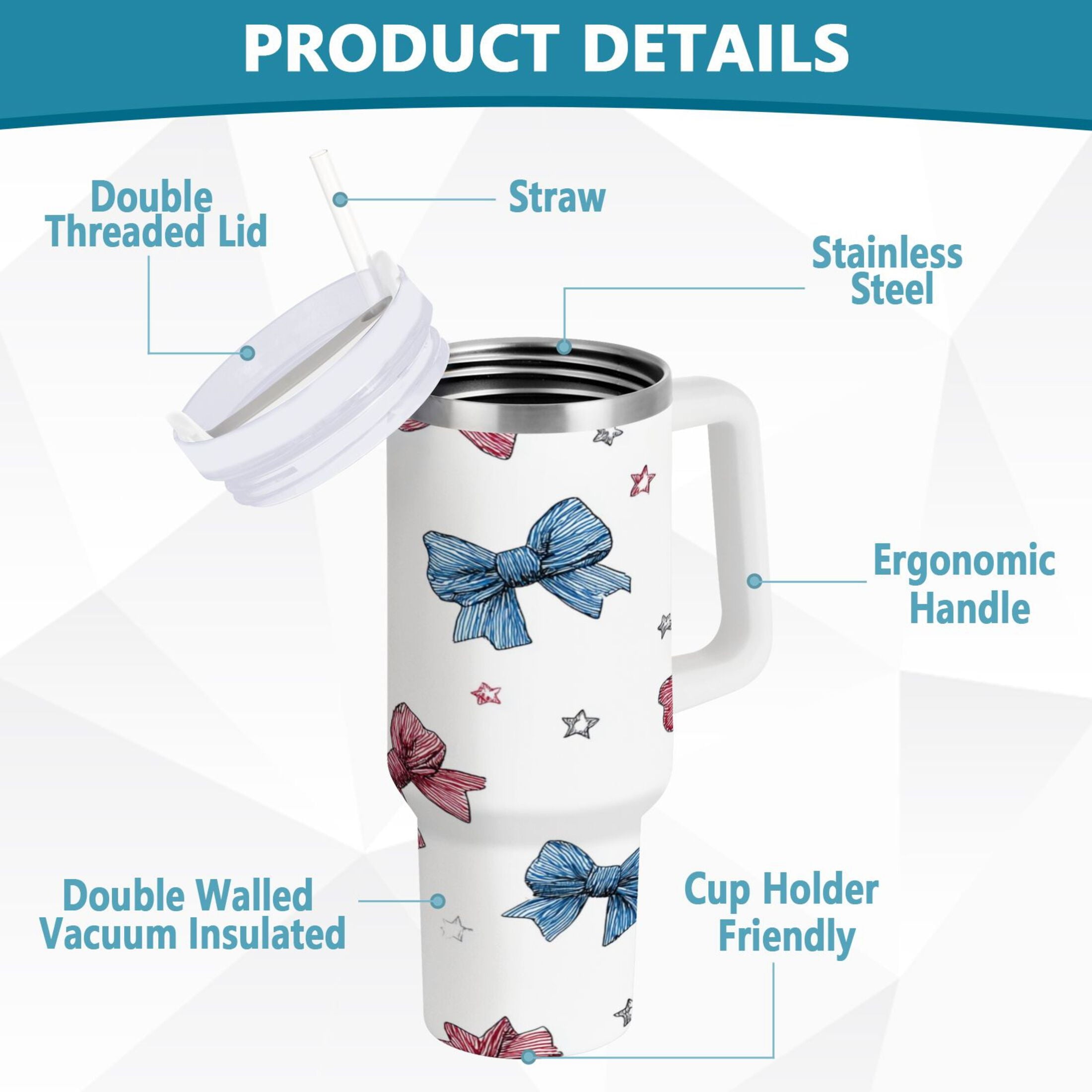 40 oz Insulated Stainless Steel Tumbler Double Wall Stainless Steel Tumbler with 2-Way Drinking Red and Blue Stripes Bows M510M