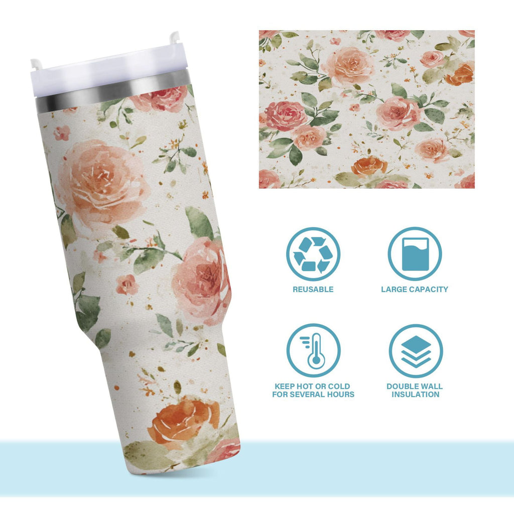 40 oz Insulated Stainless Steel Tumbler Double Wall Stainless Steel Tumbler with 2-Way Drinking Watercolor Rose Floral Pattern M499R