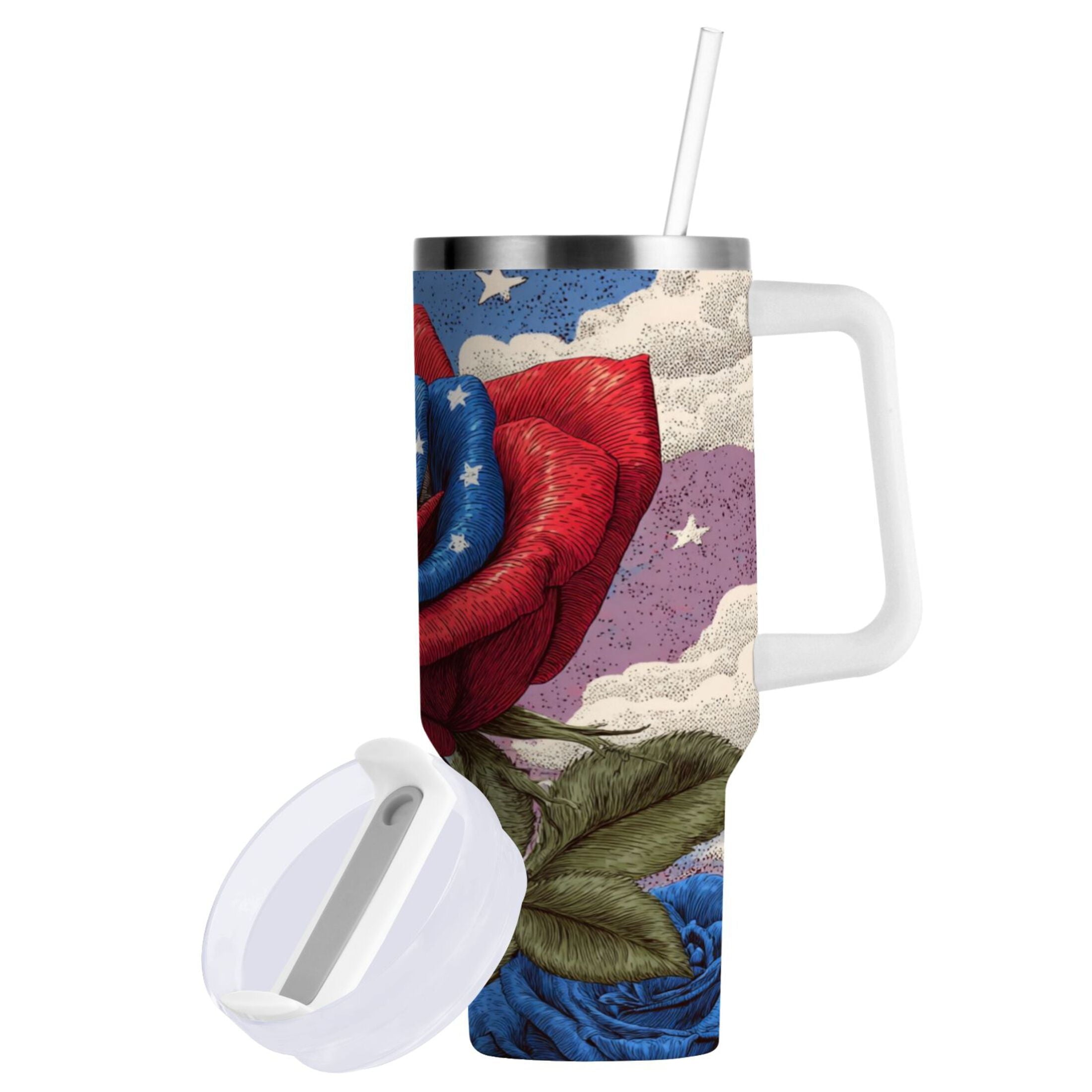 40 oz Insulated Stainless Steel Tumbler Double Wall Stainless Steel Tumbler with 2-Way Drinking Roses and Clouds M523Q