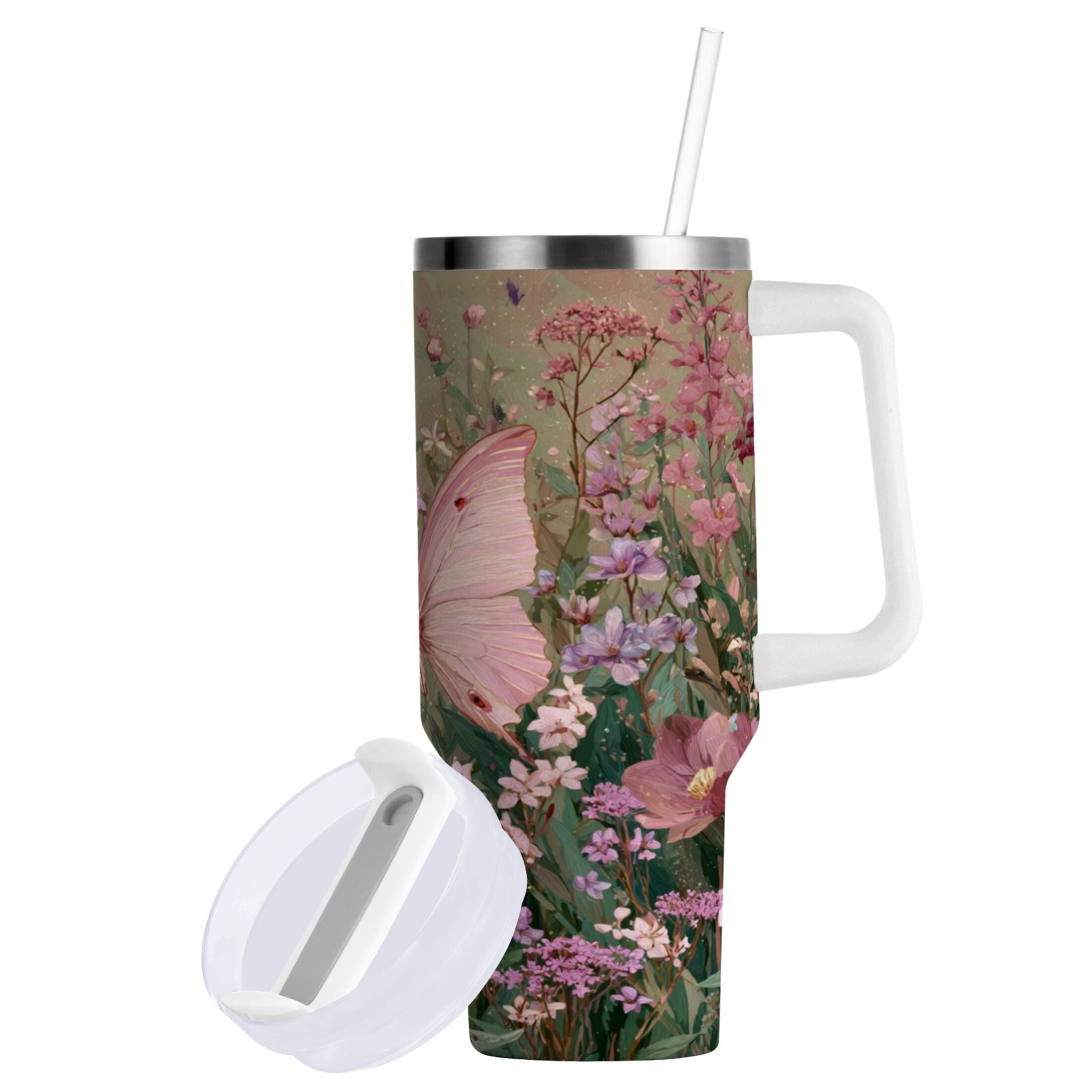 30 oz Insulated Stainless Steel Tumbler Double Wall Stainless Steel Tumbler with 2-Way Drinking Delicate Butterfly M643M