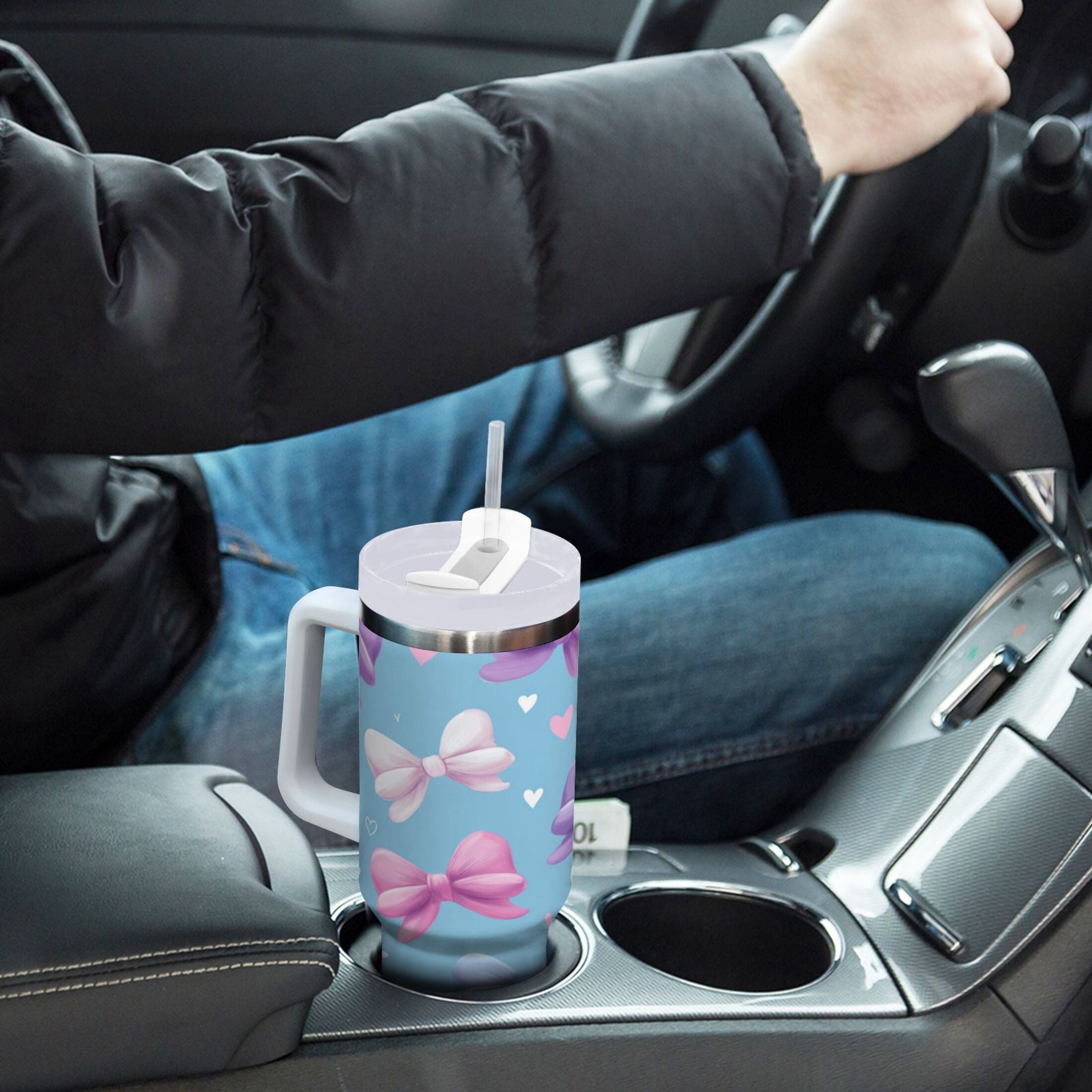 30 oz Insulated Stainless Steel Tumbler Double Wall Stainless Steel Tumbler with 2-Way Drinking Pink and Purple Bows M526E
