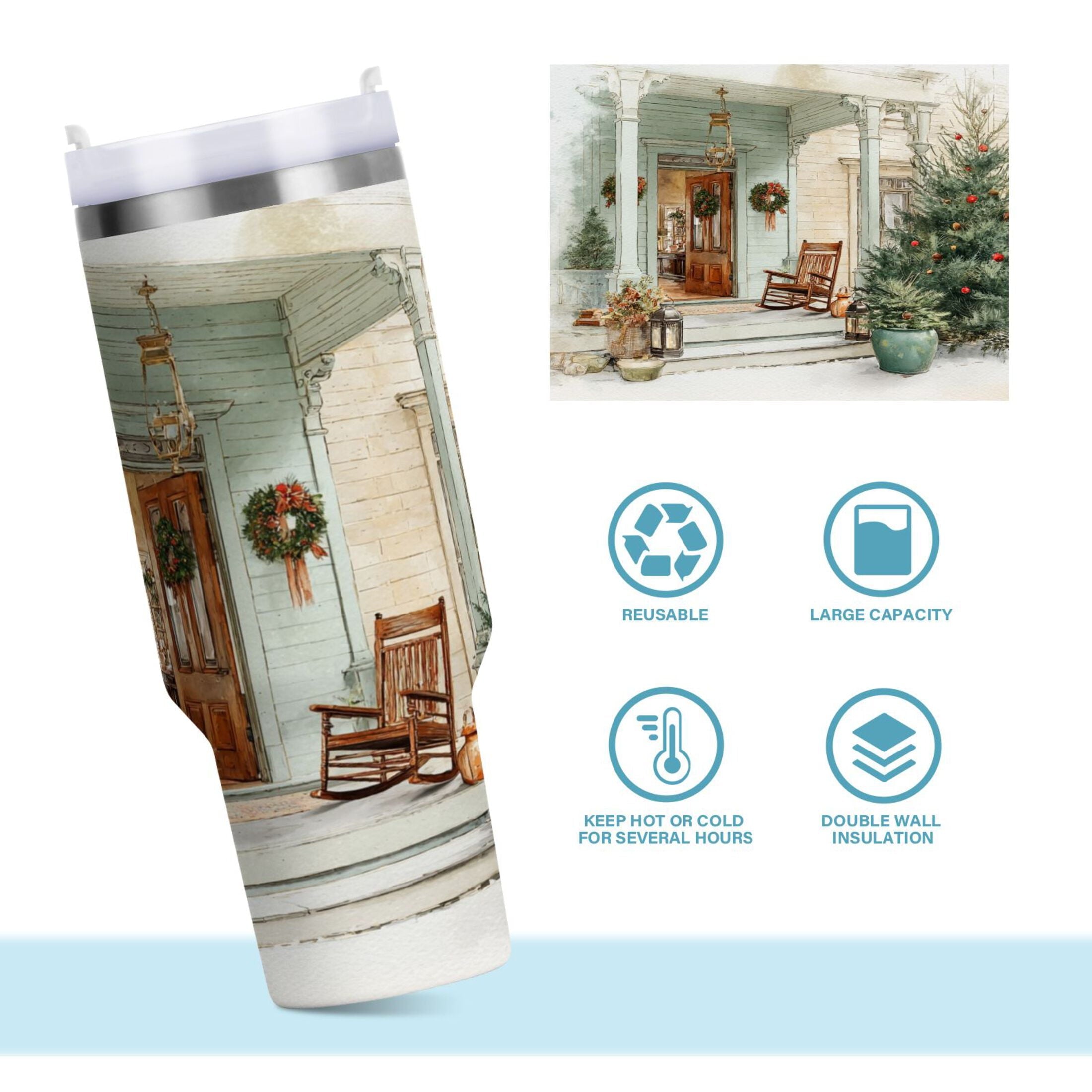 30 oz Insulated Stainless Steel Tumbler Double Wall Stainless Steel Tumbler with 2-Way Drinking Charming Christmas Doorway M670W