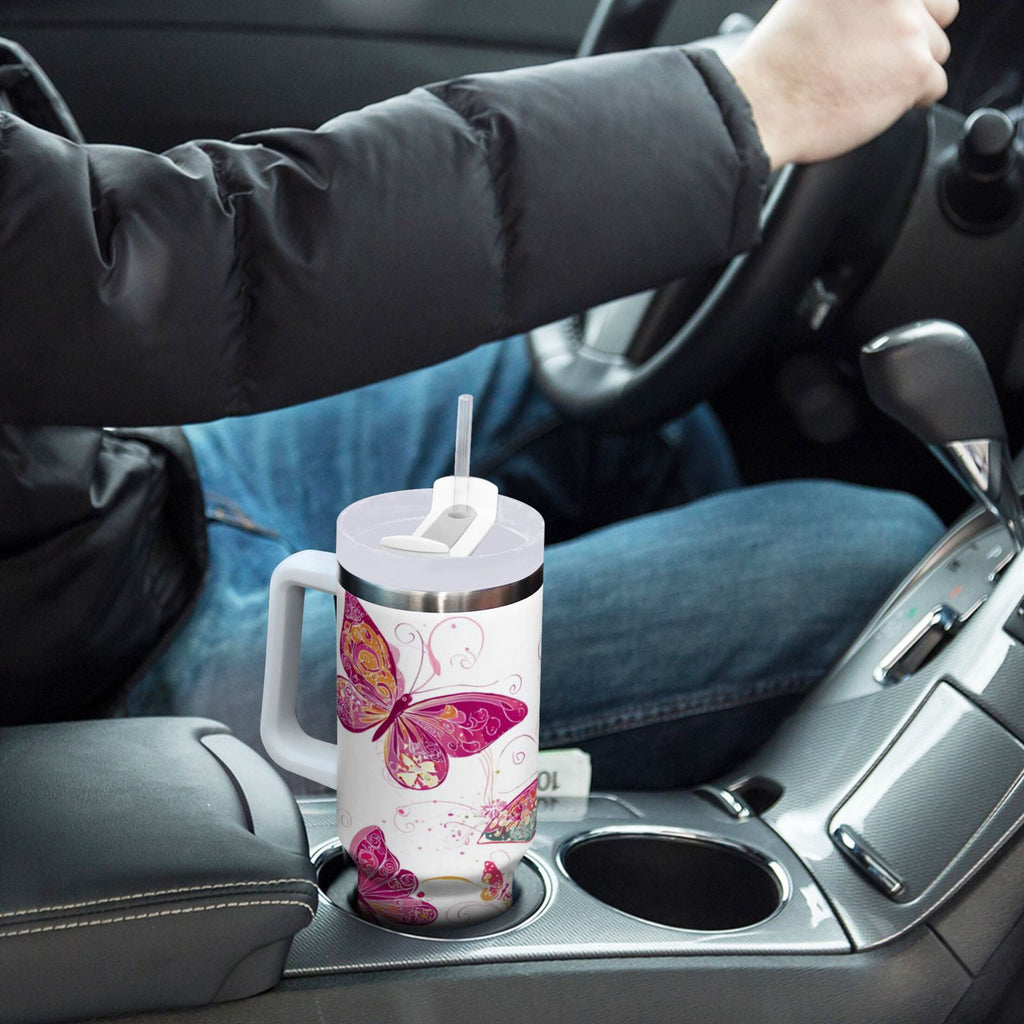 30 oz Insulated Stainless Steel Tumbler Double Wall Stainless Steel Tumbler with 2-Way Drinking Colorful Butterflies M605A
