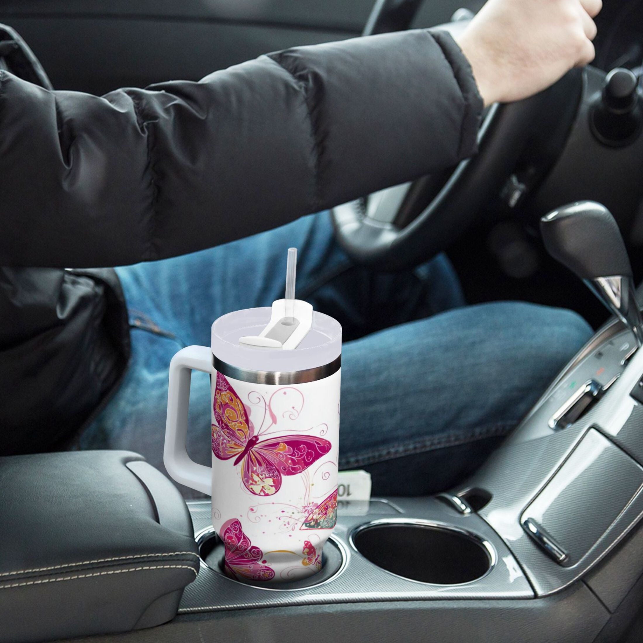 30 oz Insulated Stainless Steel Tumbler Double Wall Stainless Steel Tumbler with 2-Way Drinking Colorful Butterflies M605A