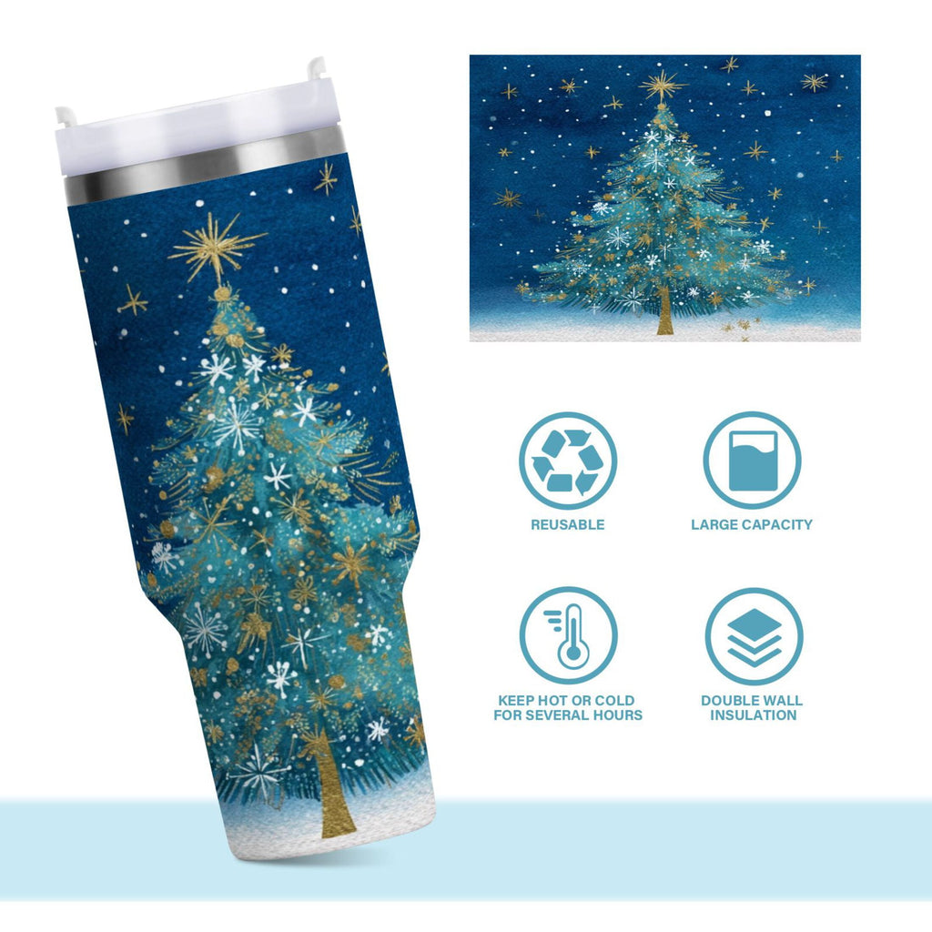 40 oz Insulated Stainless Steel Tumbler Double Wall Stainless Steel Tumbler with 2-Way Drinking Watercolor Christmas Tree M597L