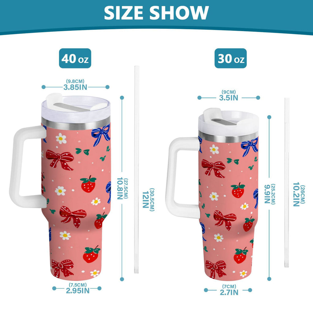 40 oz Insulated Stainless Steel Tumbler Double Wall Stainless Steel Tumbler with 2-Way Drinking Bows and Strawberries Pattern M511S