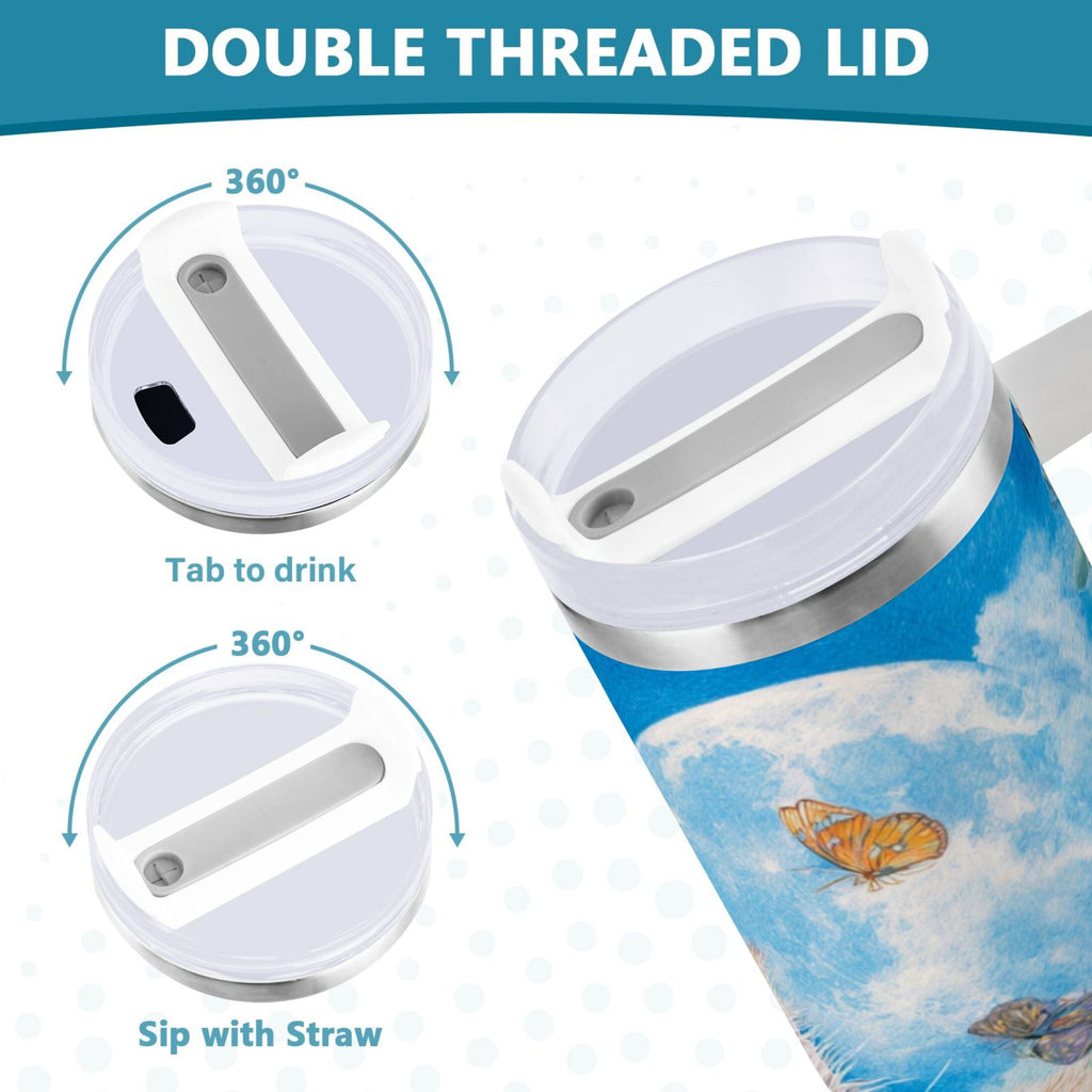 40 oz Insulated Stainless Steel Tumbler Double Wall Stainless Steel Tumbler with 2-Way Drinking Playful Cat Lying Sunflowers M549Y