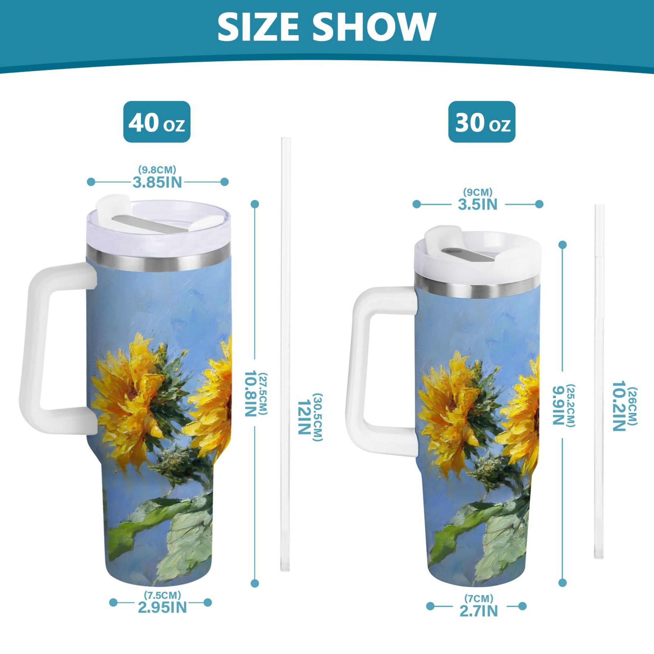 40 oz Insulated Stainless Steel Tumbler Double Wall Stainless Steel Tumbler with 2-Way Drinking Sunflowers Painting M611V