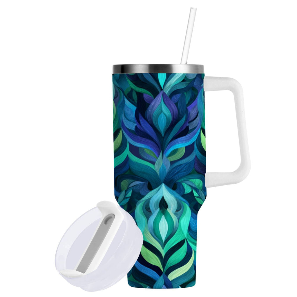 40 oz Insulated Stainless Steel Tumbler Double Wall Stainless Steel Tumbler with 2-Way Drinking Elegant Blue Abstract Shapes M609Q