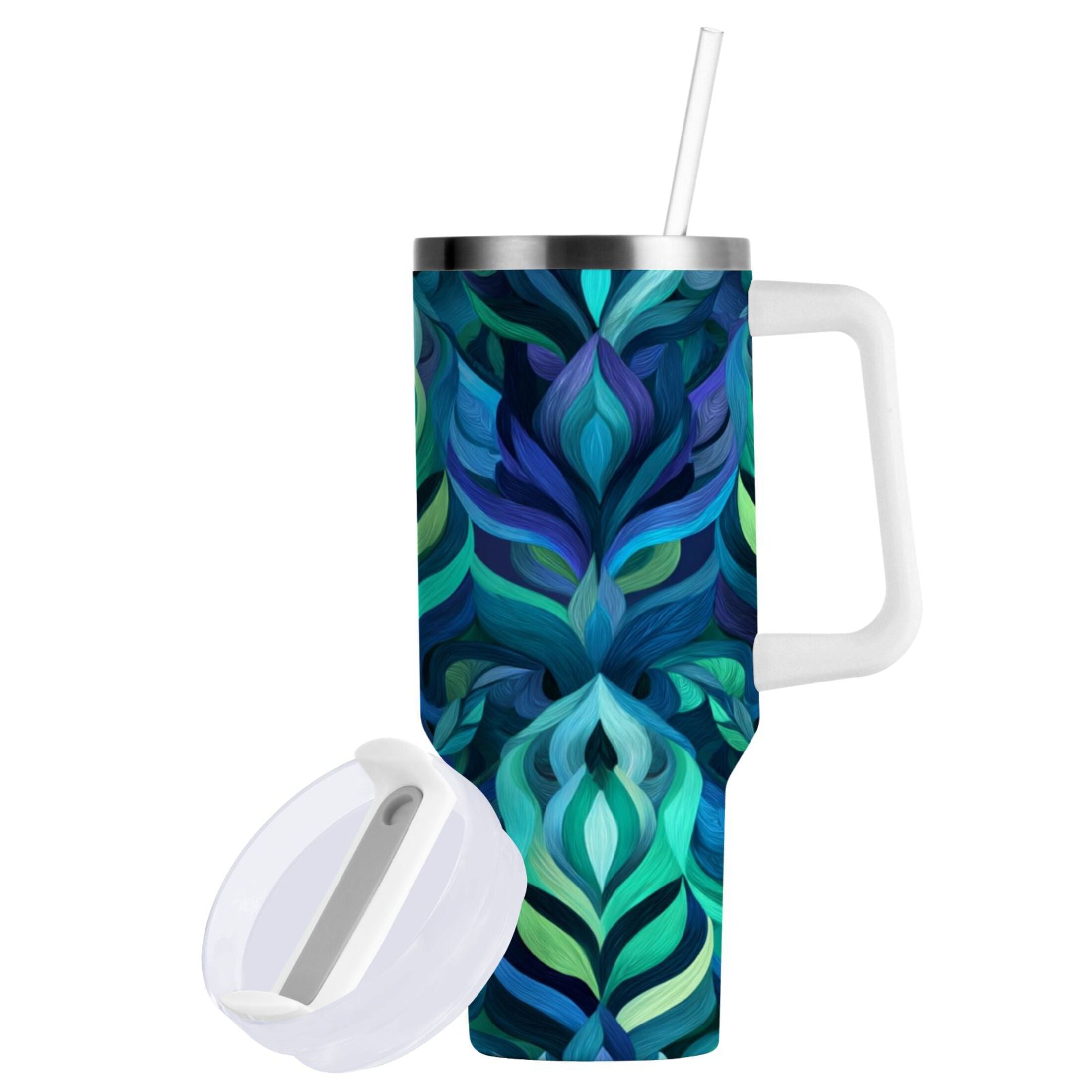 40 oz Insulated Stainless Steel Tumbler Double Wall Stainless Steel Tumbler with 2-Way Drinking Elegant Blue Abstract Shapes M609Q