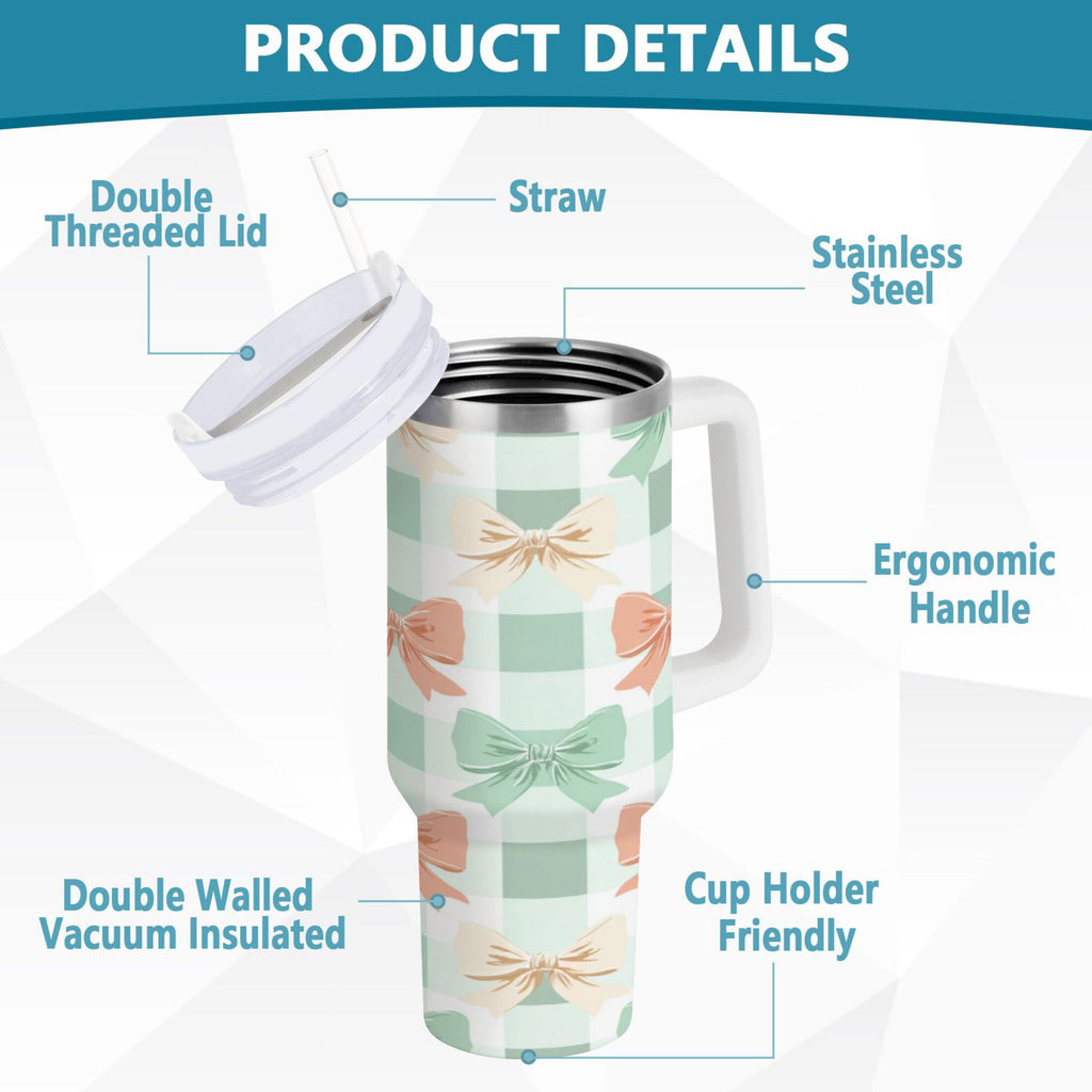 40 oz Insulated Stainless Steel Tumbler Double Wall Stainless Steel Tumbler with 2-Way Drinking Green and Peach Bow Pattern M544Y