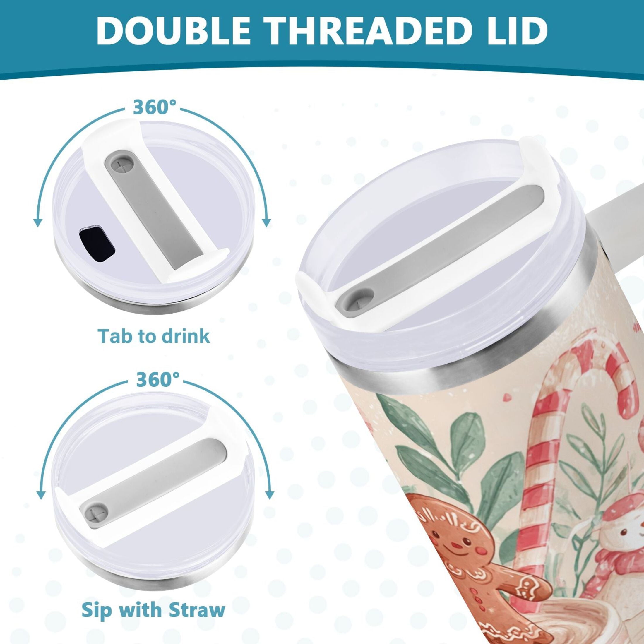 30 oz Insulated Stainless Steel Tumbler Double Wall Stainless Steel Tumbler with 2-Way Drinking Cute Christmas Design M600R