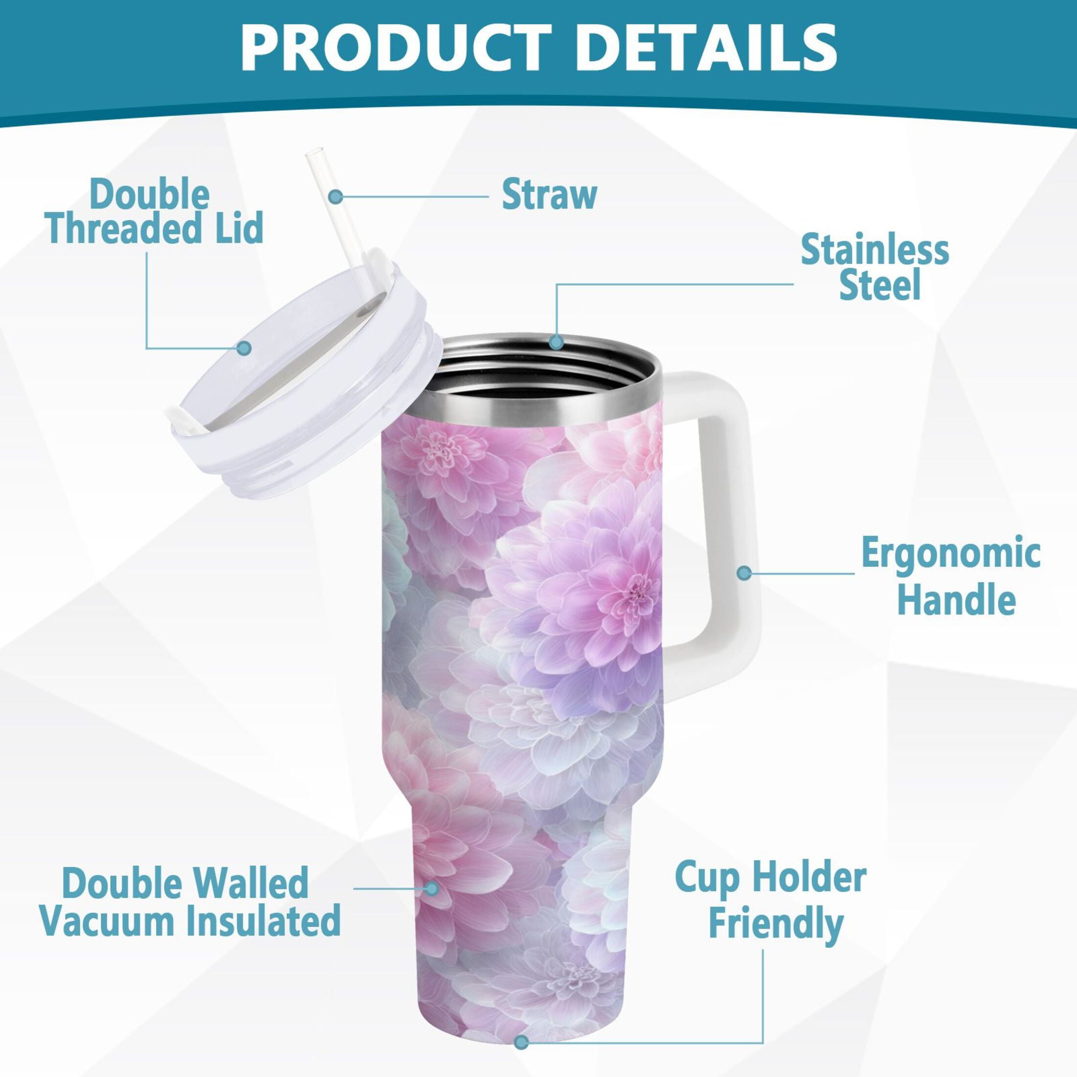 30 oz Insulated Stainless Steel Tumbler Double Wall Stainless Steel Tumbler with 2-Way Drinking Cute Pastel Watercolor Floral M578H