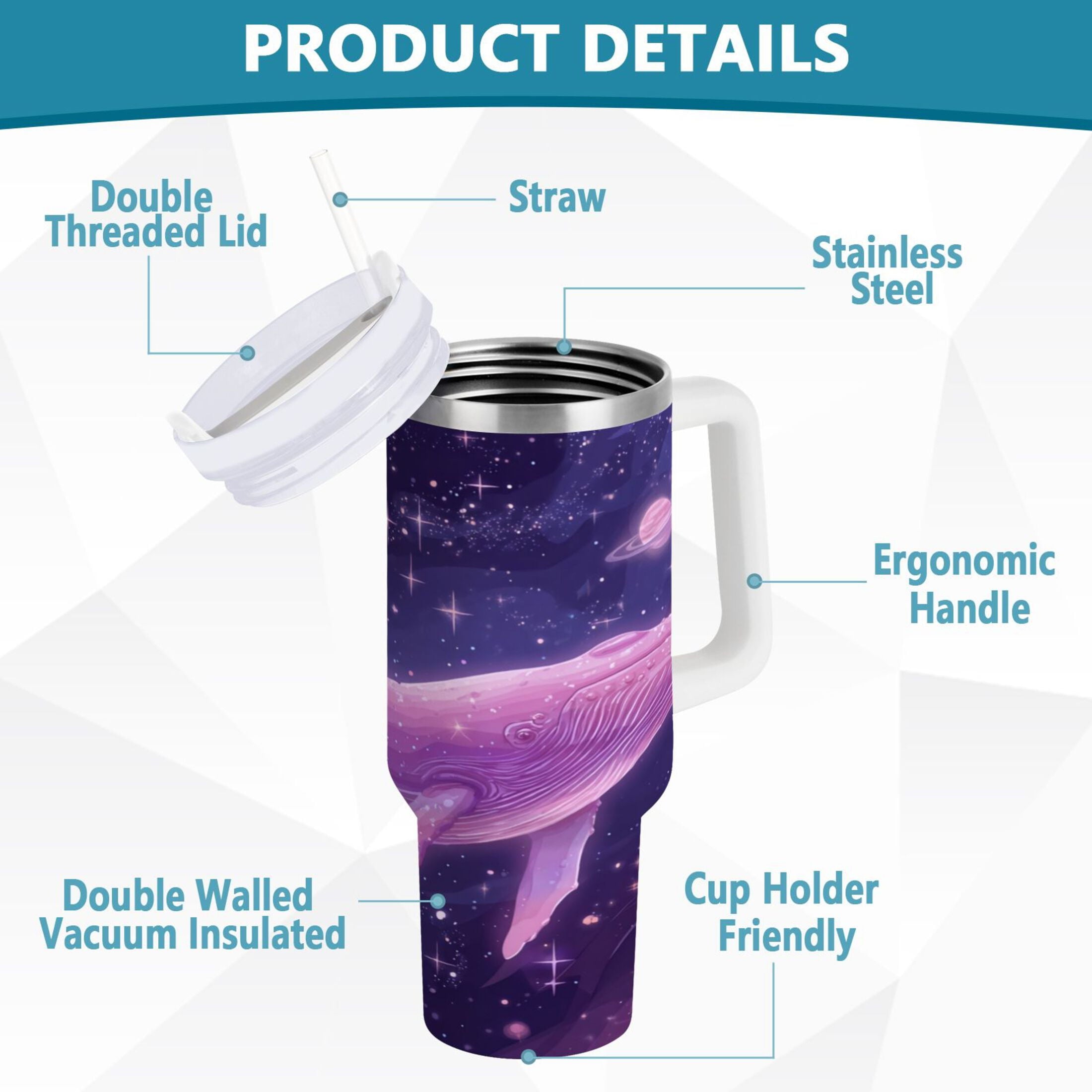 30 oz Insulated Stainless Steel Tumbler Double Wall Stainless Steel Tumbler with 2-Way Drinking Whale in Space M571G