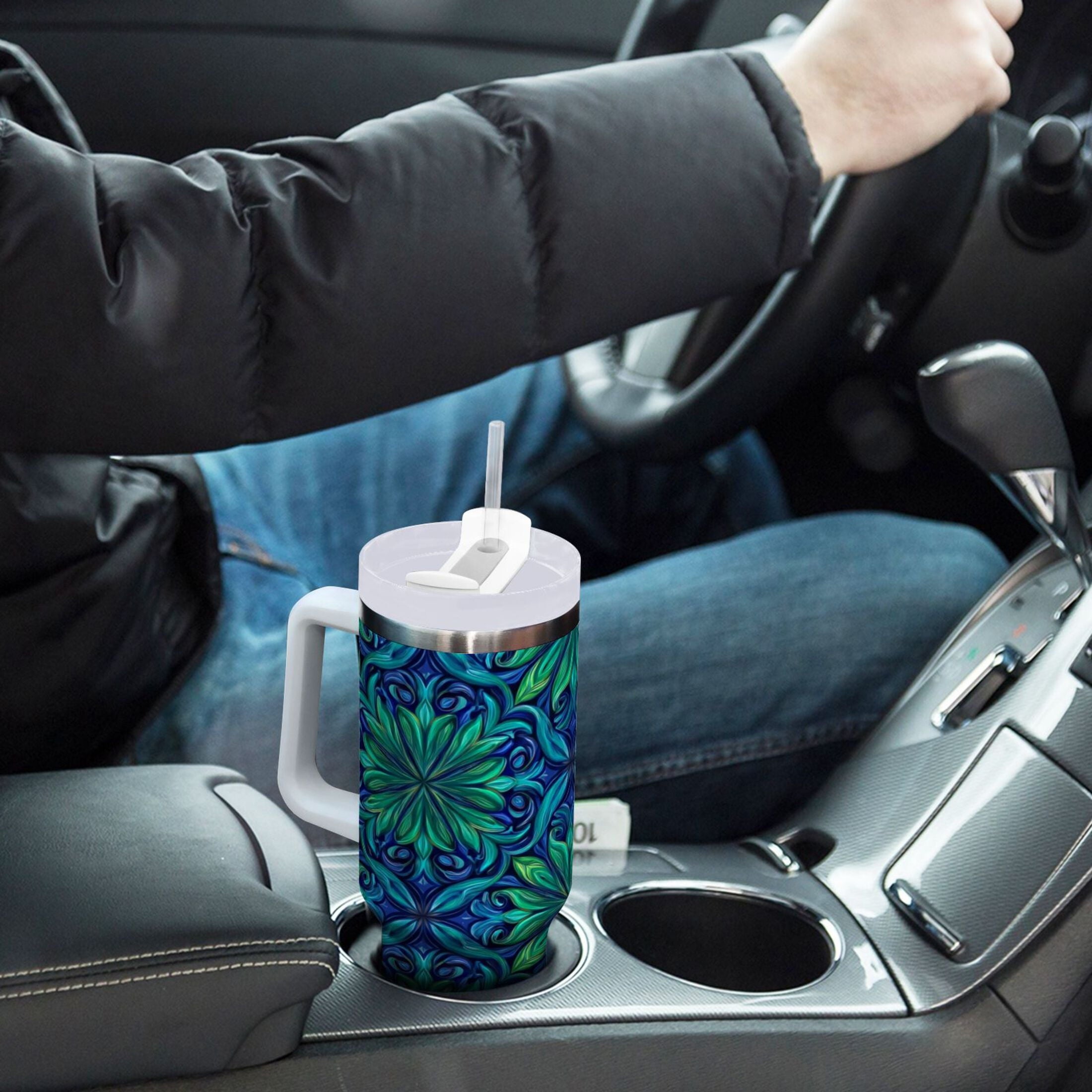 40 oz Insulated Stainless Steel Tumbler Double Wall Stainless Steel Tumbler with 2-Way Drinking Elegant Blue Traditional Patterns M603V
