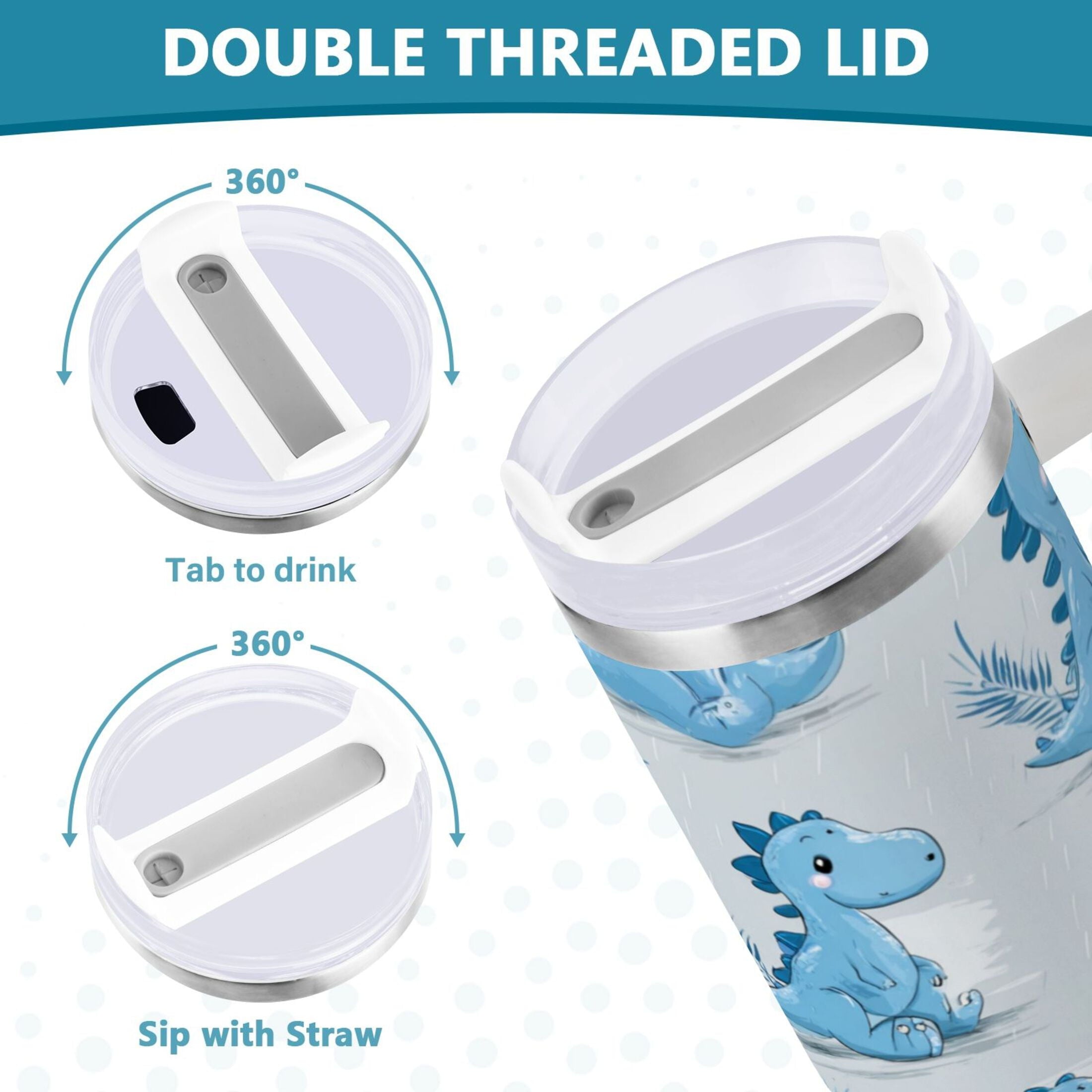 30 oz Insulated Stainless Steel Tumbler Double Wall Stainless Steel Tumbler with 2-Way Drinking Cartoon Blue Dinosaurs M495M