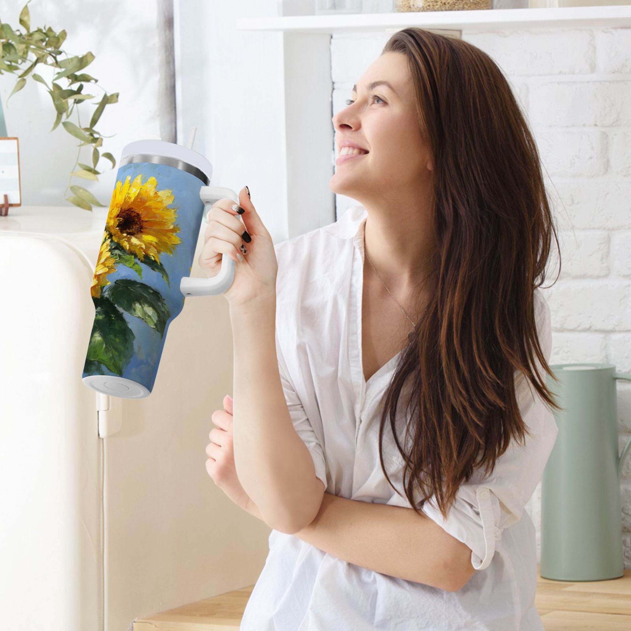 40 oz Insulated Stainless Steel Tumbler Double Wall Stainless Steel Tumbler with 2-Way Drinking Sunflowers Painting M611V
