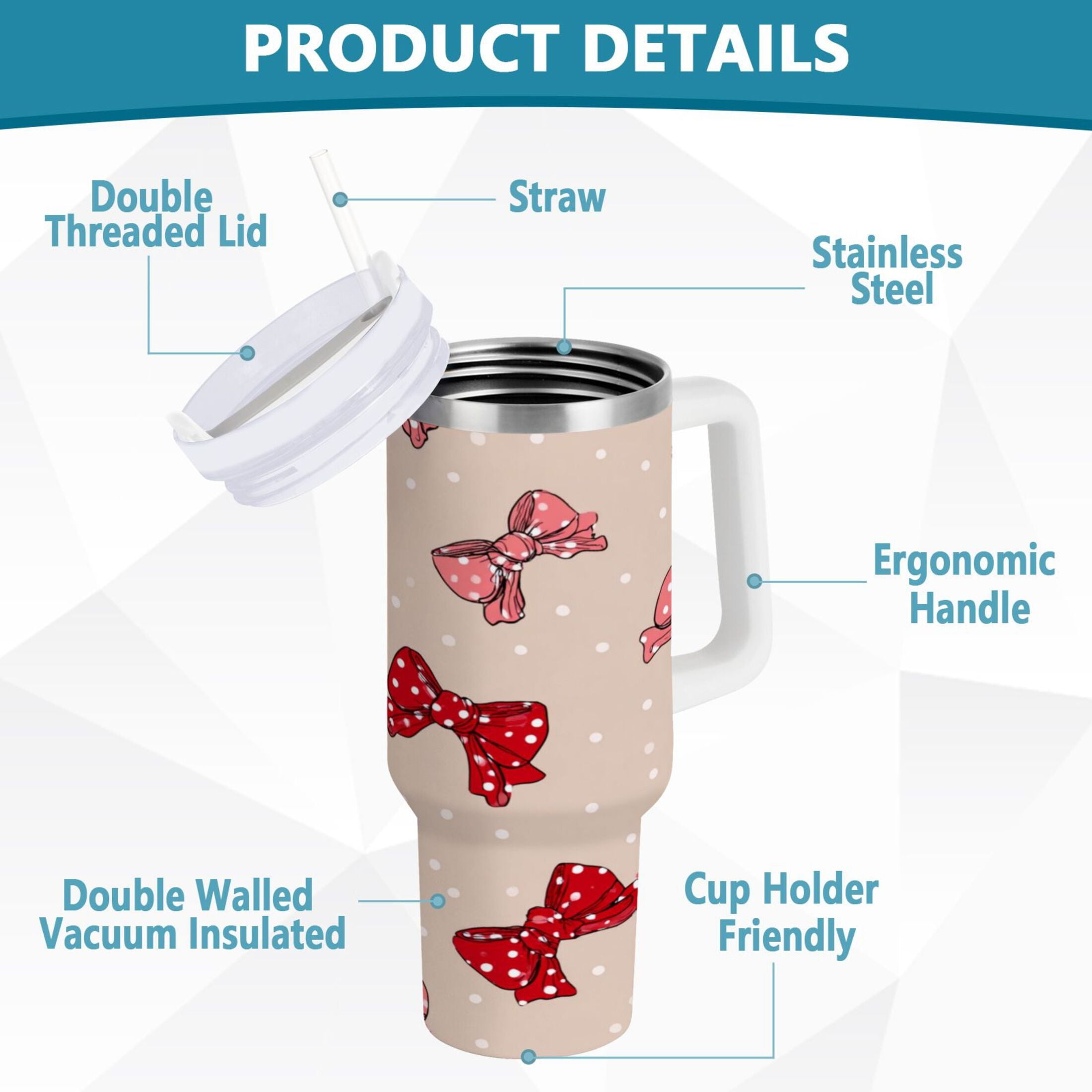 30 oz Insulated Stainless Steel Tumbler Double Wall Stainless Steel Tumbler with 2-Way Drinking Cute Red Bows Pattern M541F