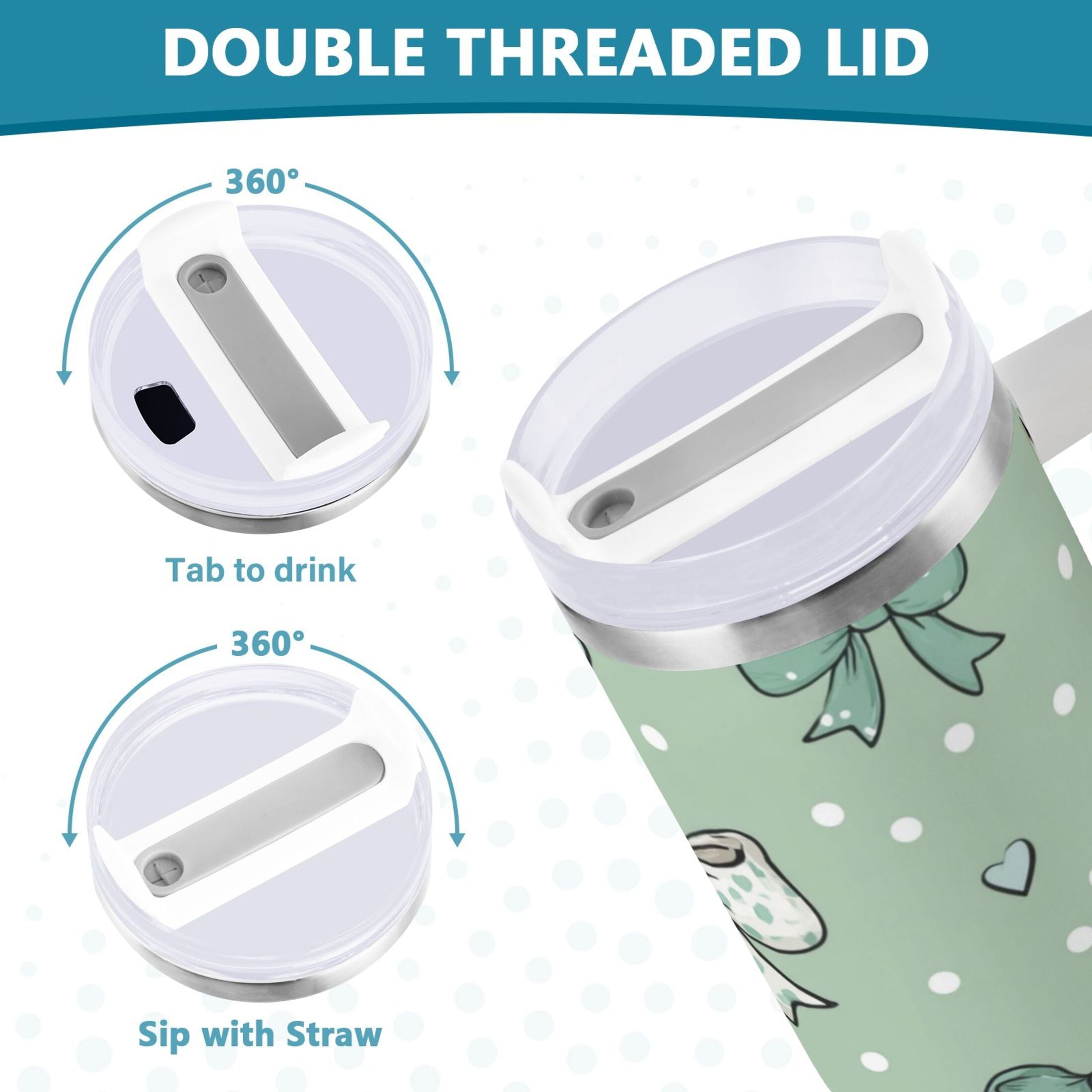 30 oz Insulated Stainless Steel Tumbler Double Wall Stainless Steel Tumbler with 2-Way Drinking Green and Mint Bows M559Y