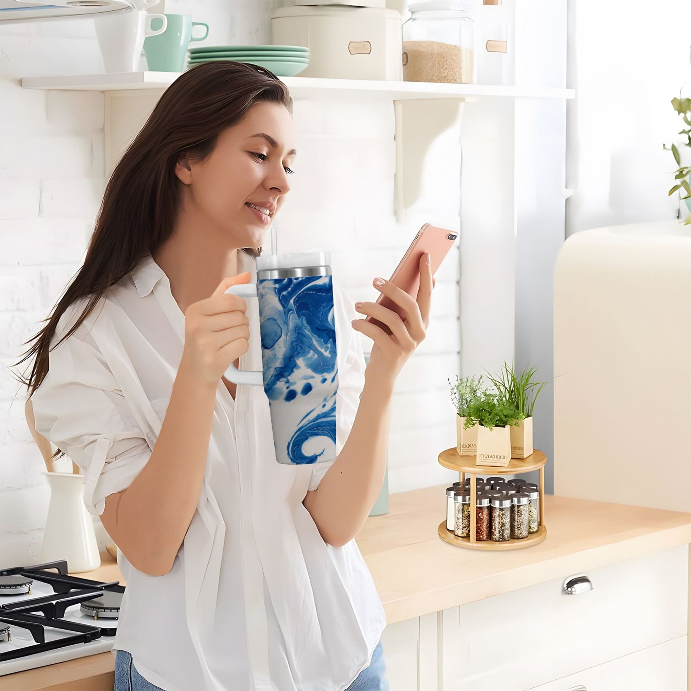 40 oz Insulated Stainless Steel Tumbler Double Wall Stainless Steel Tumbler with 2-Way Drinking Indigo Blue Tie-dye Pattern M632A