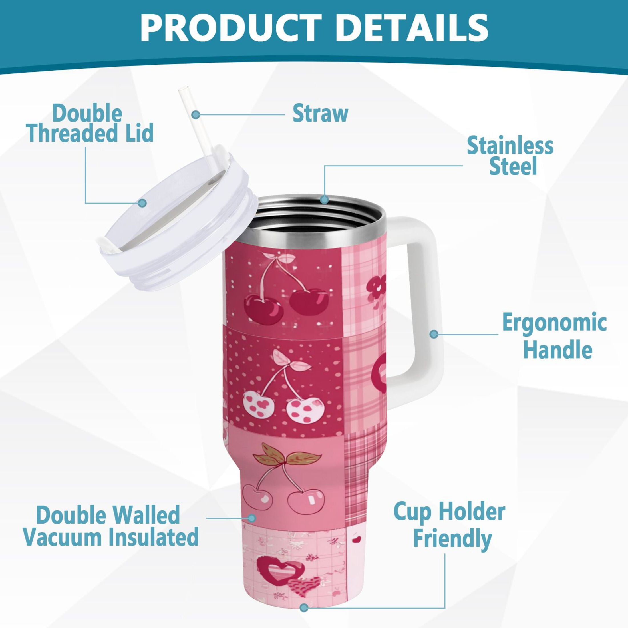 30 oz Insulated Stainless Steel Tumbler Double Wall Stainless Steel Tumbler with 2-Way Drinking Cherry Pattern with Bows M634Q