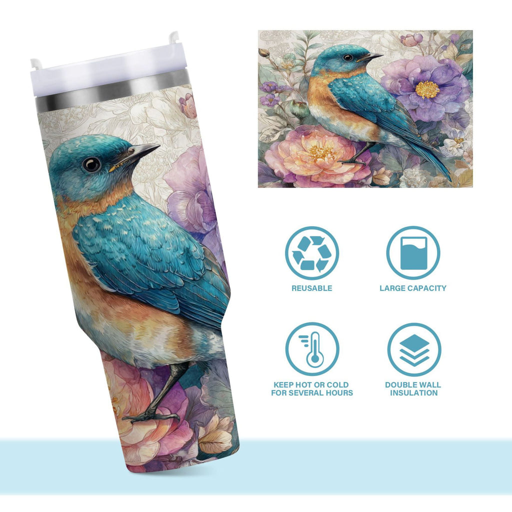 30 oz Insulated Stainless Steel Tumbler Double Wall Stainless Steel Tumbler with 2-Way Drinking Bluebird and Flower M538S